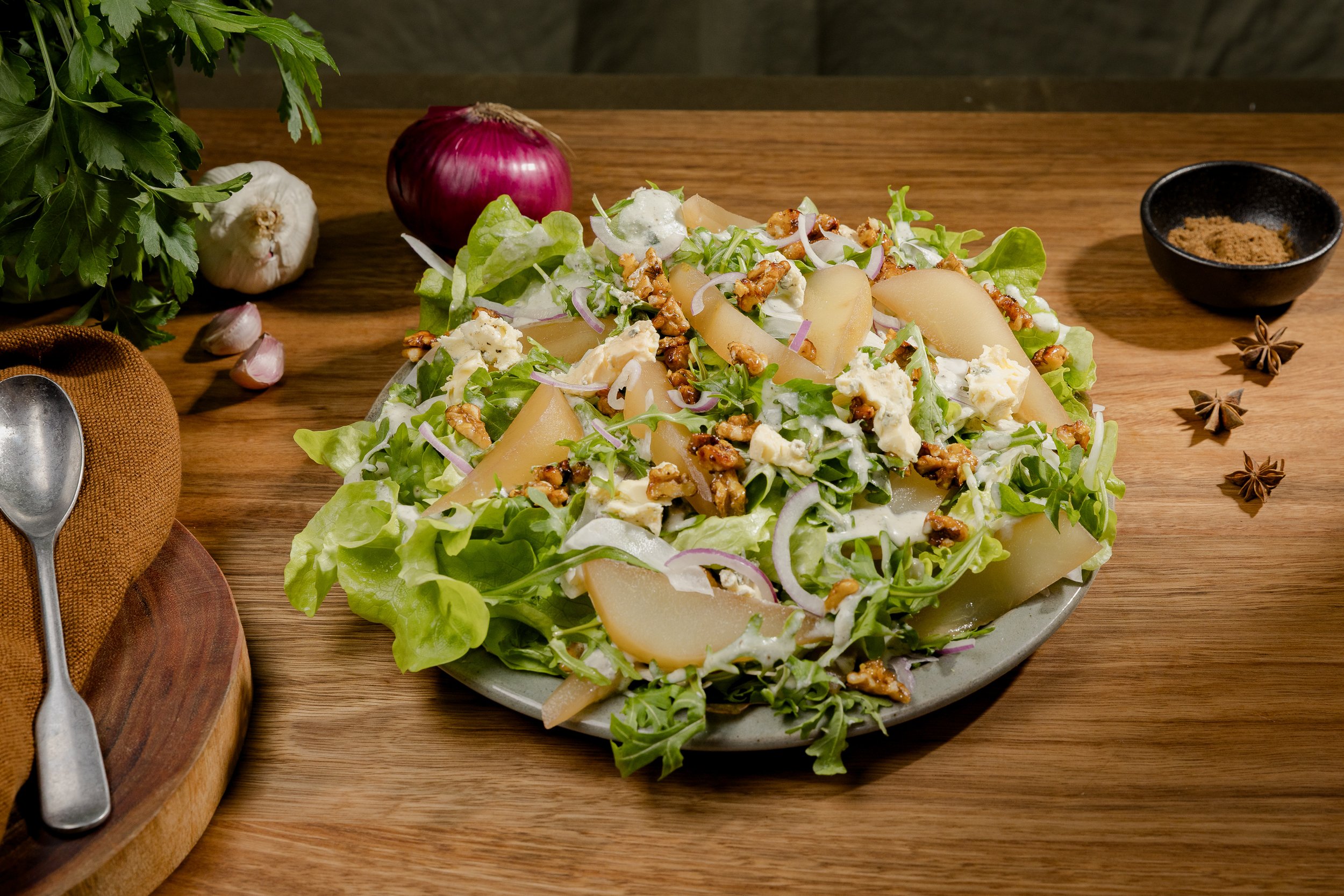 Poached Pear Salad with Blue Cheese Dressing 