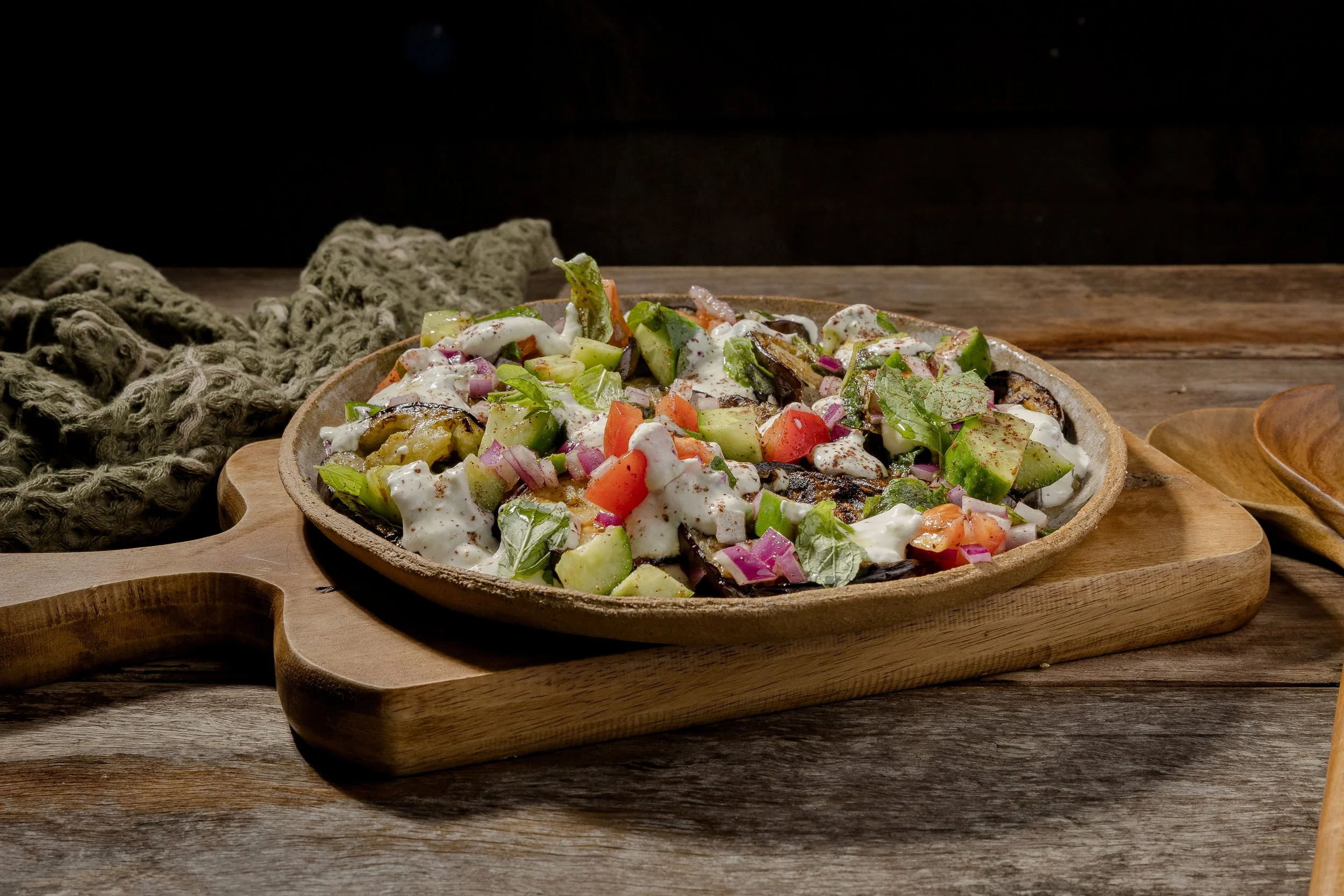 Grilled Eggplant with Tomato, Cucumber and Sumac Salsa