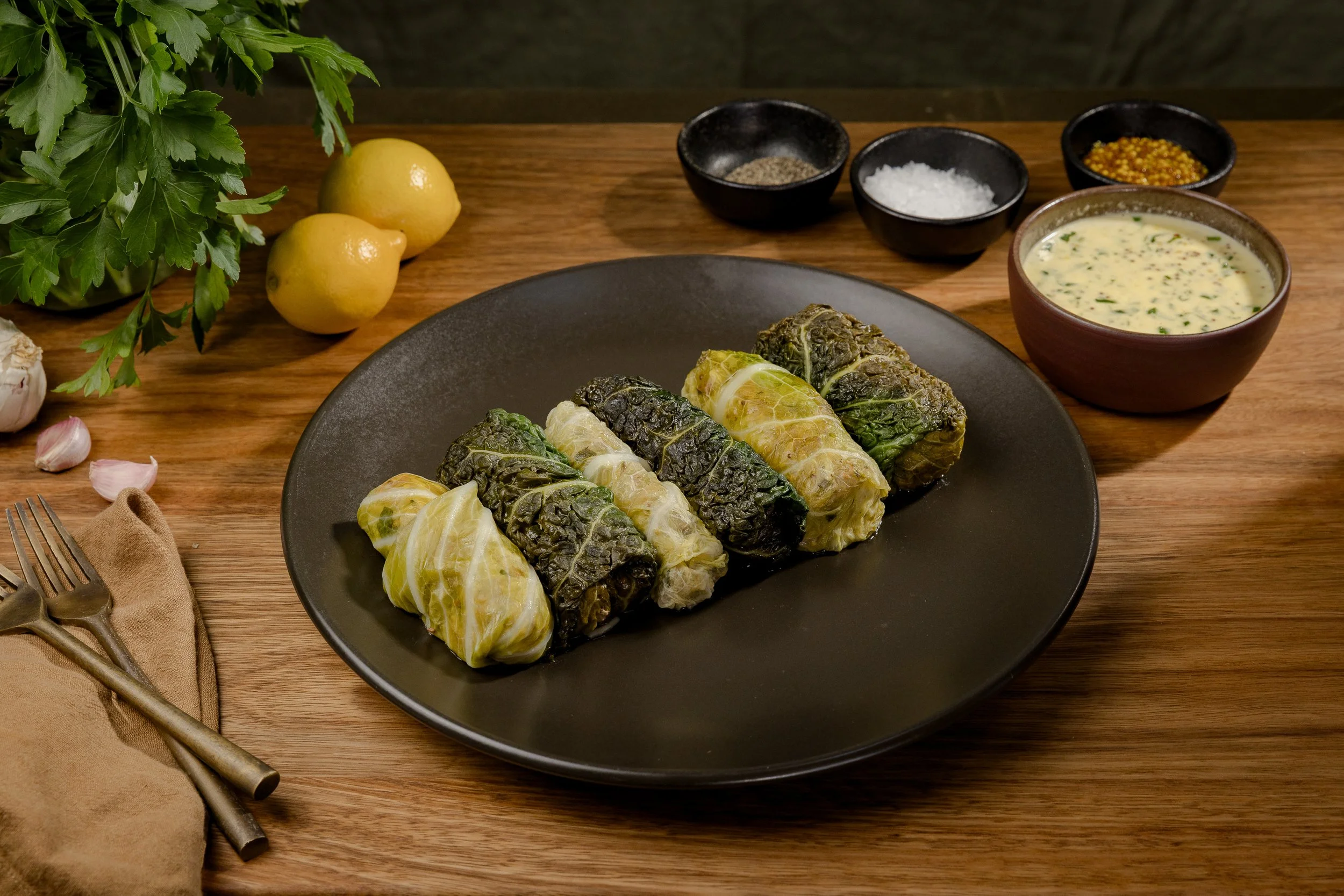 Pork and Sauerkraut rolls with Mustard Sauce 
