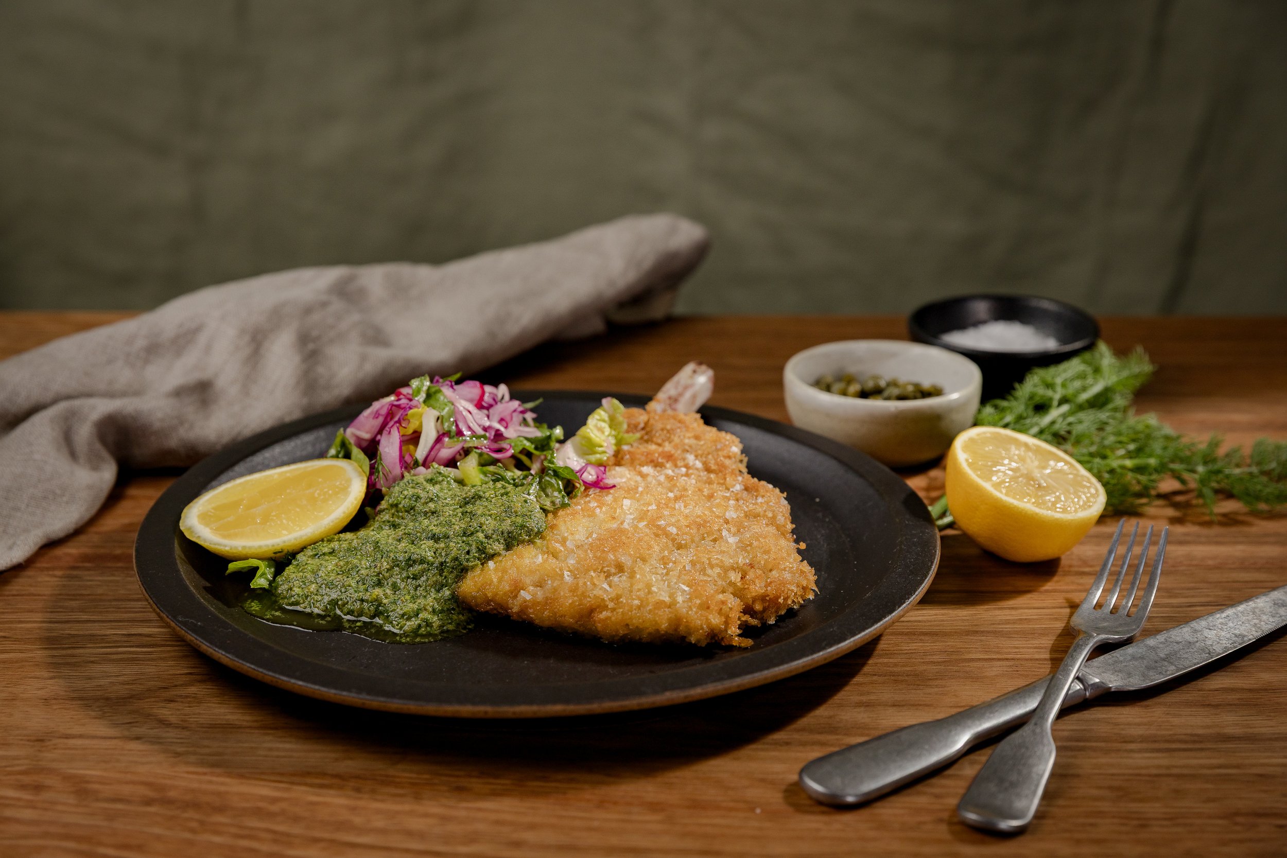Pork Cutlet Schnitzel with Tarragon Sauce and Cabbage Slaw