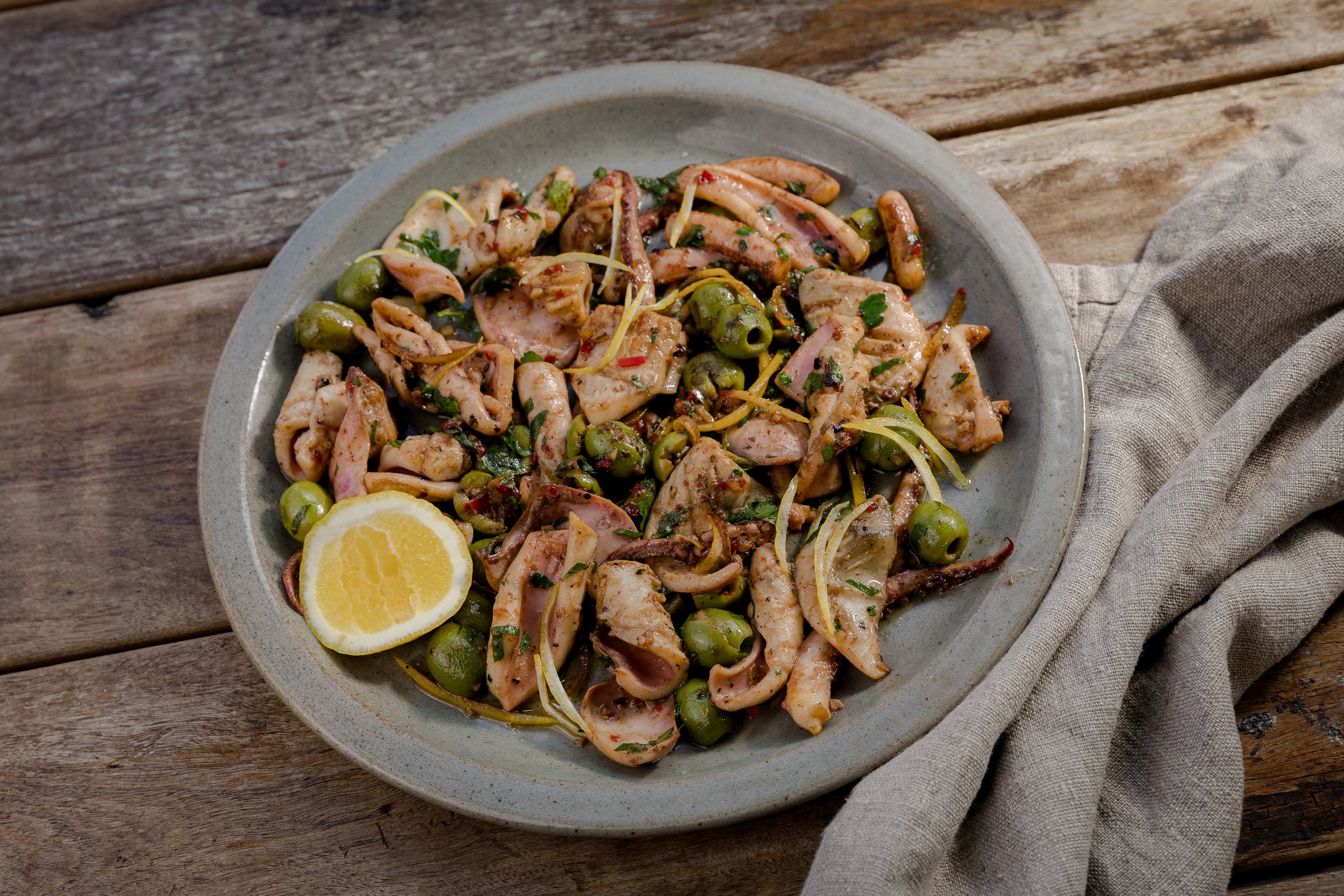 Grilled Squid with Chilli, Garlic &amp; Olives