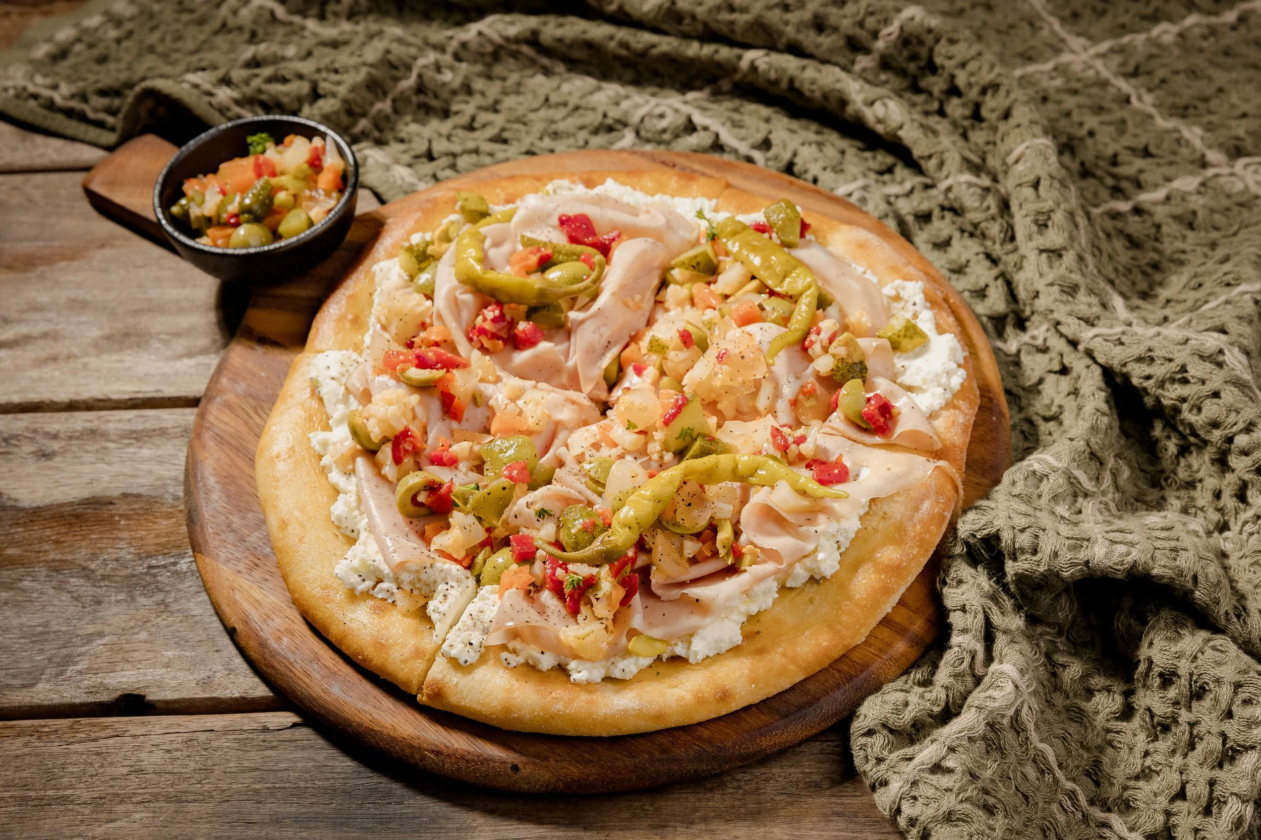 Mortadella Pizza with Muffaletta Relish