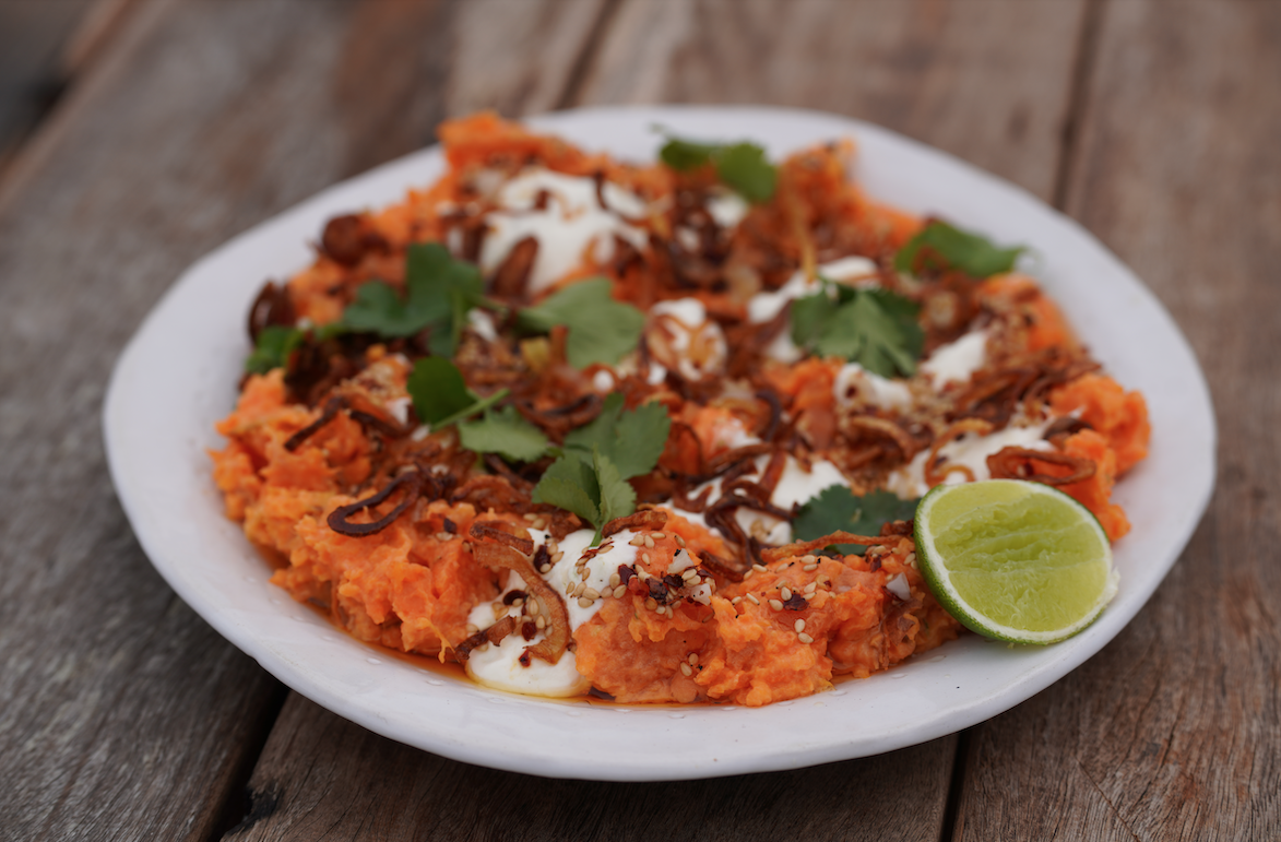 Smashed Sweet Potato Dip with Yoghurt &amp; Crispy Onion 