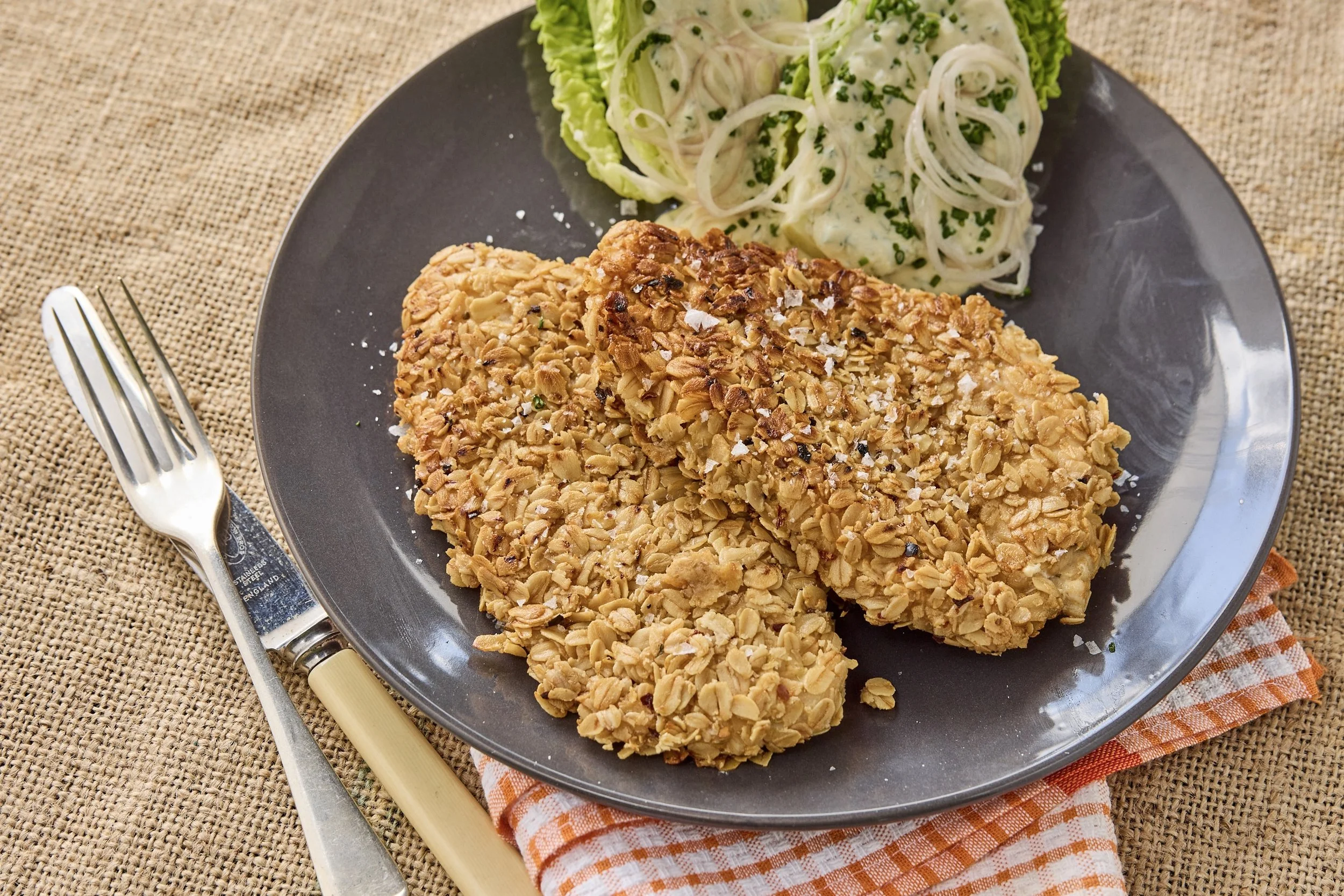 Wheat Free Oat Crumbed Schnitzel with Baby Cos Salad