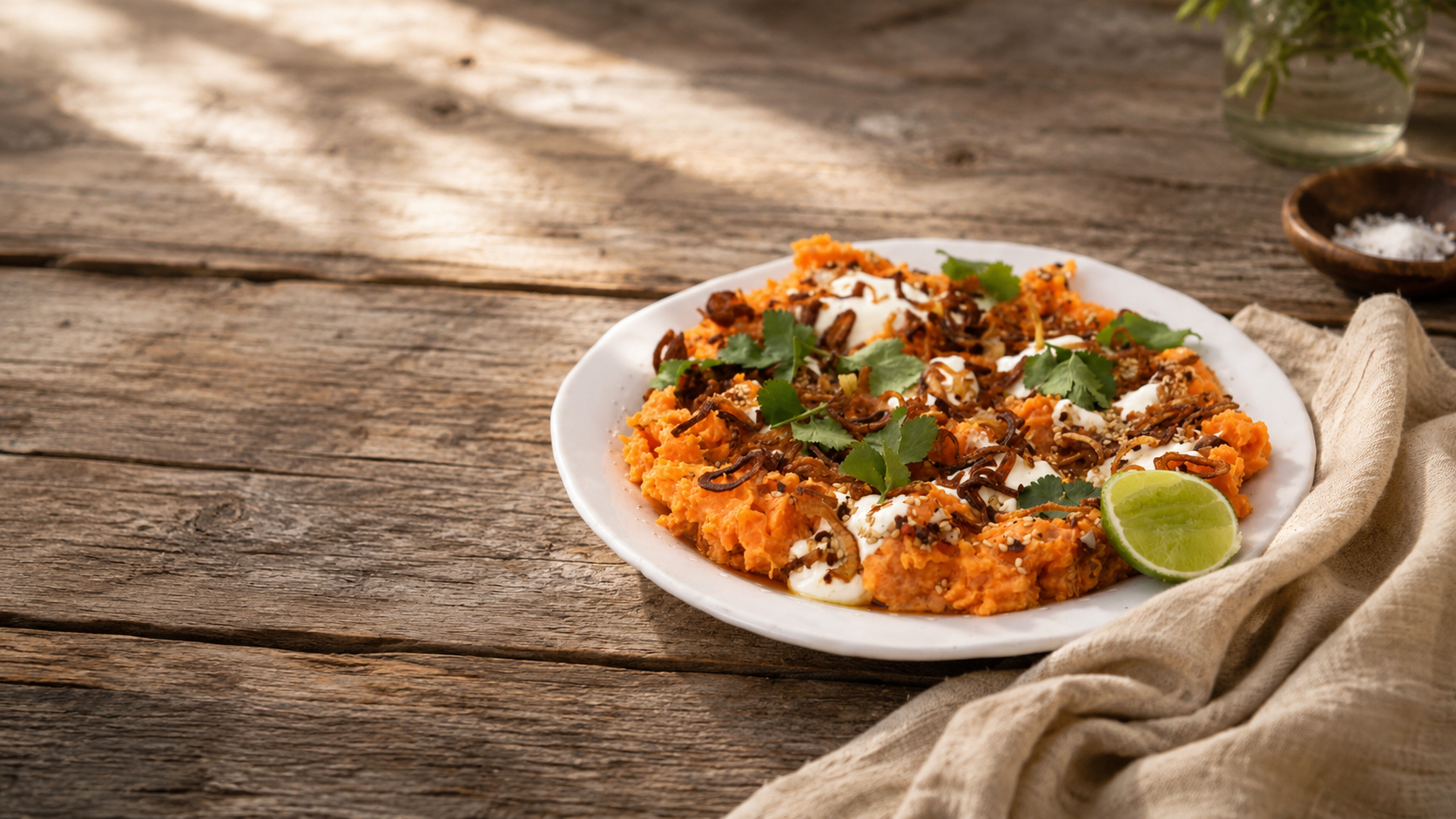Smashed Sweet Potato Dip with Yoghurt &amp; Crispy Onion 