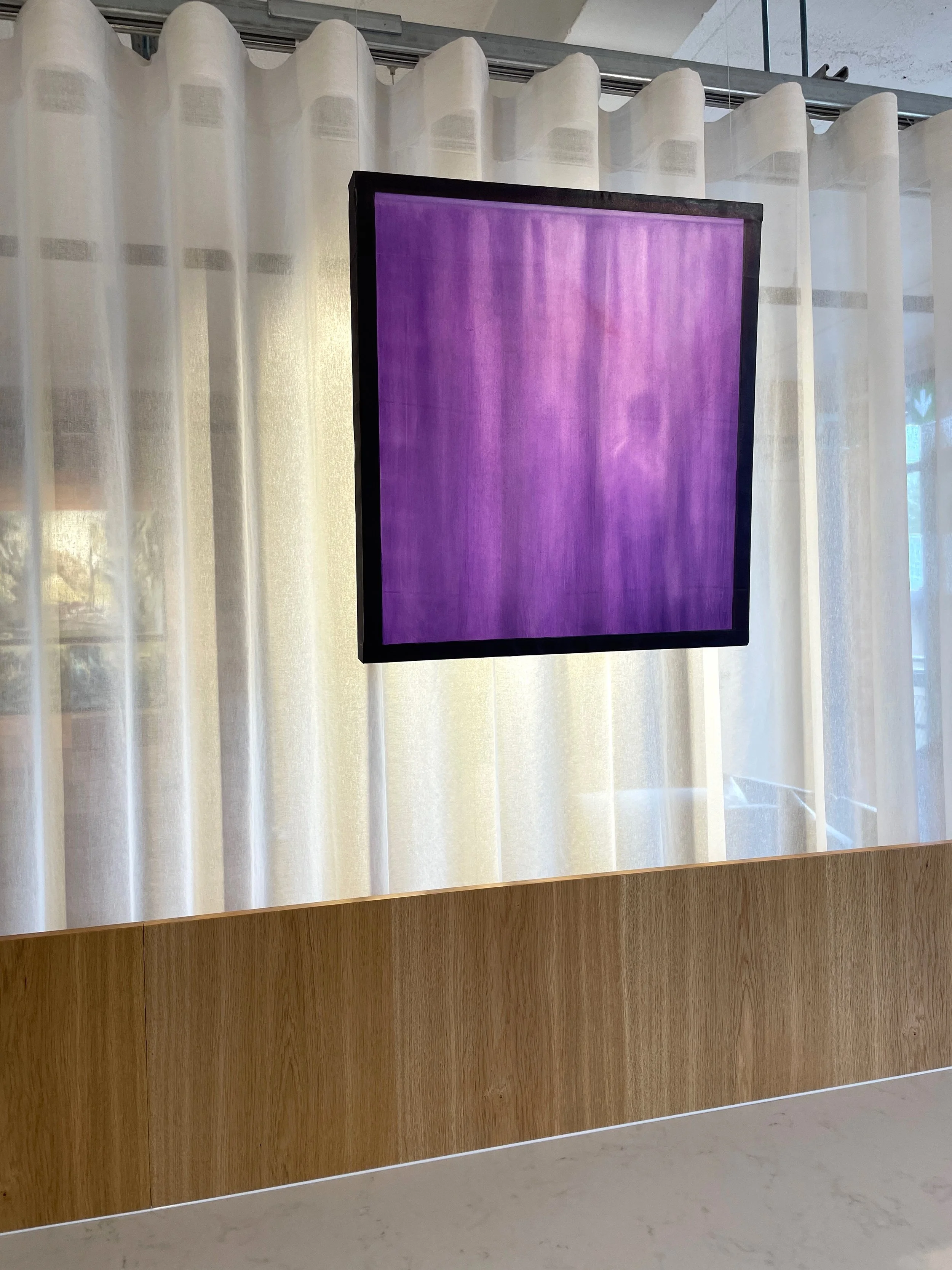 Veiled, 50 x 50 cm, oil on shower curtain, exhibited at Loom Club