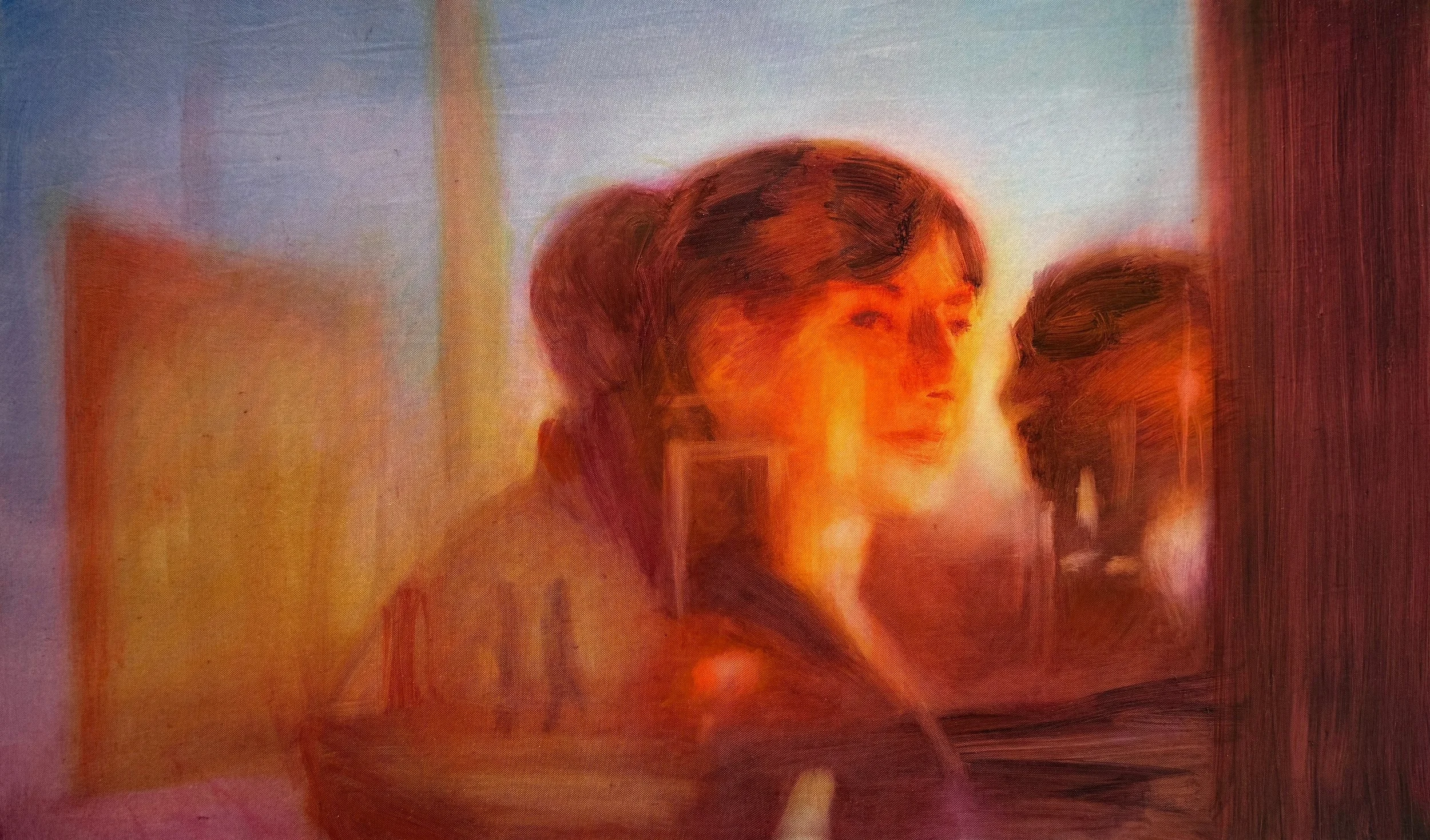 Upon Reflection, 2026, oil on shower curtain, 30 x 50 cm