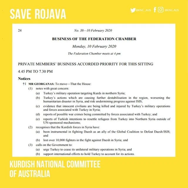 In the House of Representatives today Members of Parliament will speak on a motion regarding Turkey's Invasion in Rojava.

Thank you to Steve Georganas MP for his efforts in helping us get this Private Members Bill up and we look forward to the speak