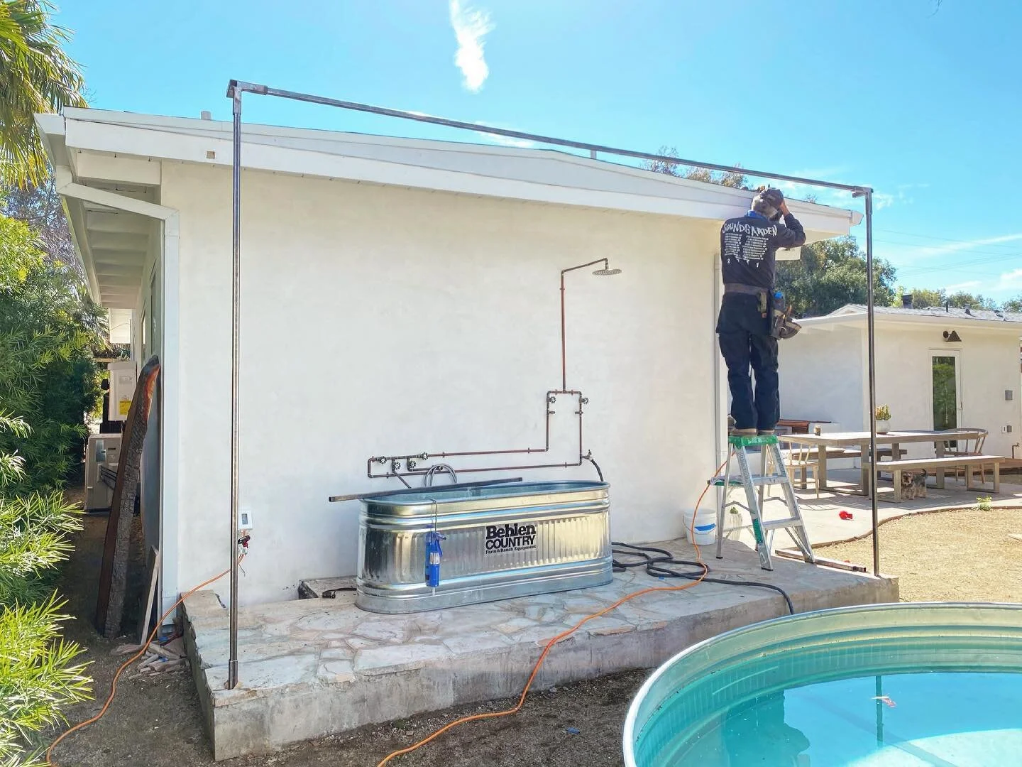 So fun designing privacy structure for bathing area . Inspired by a home in Portugal. Matchstick shades drop down in various places to personalize your privacy from shower to tub. Allowing light to filter and adding some texture and warmth. #casawild