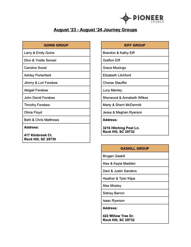 Journey Group Roster — Pioneer Church