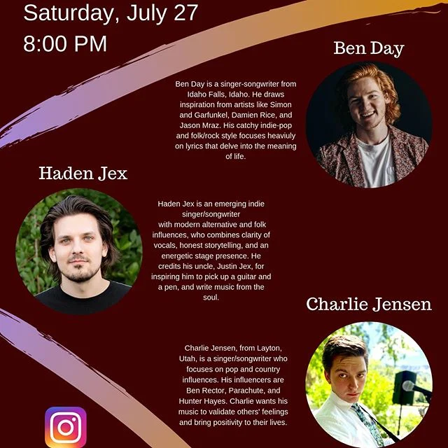 If you&rsquo;re in Provo, Utah tomorrow night, come to Kiwanis Park for some music! I&rsquo;ll be performing with @ben.day.music and @charliejensenmusic
I&rsquo;ll see you there!