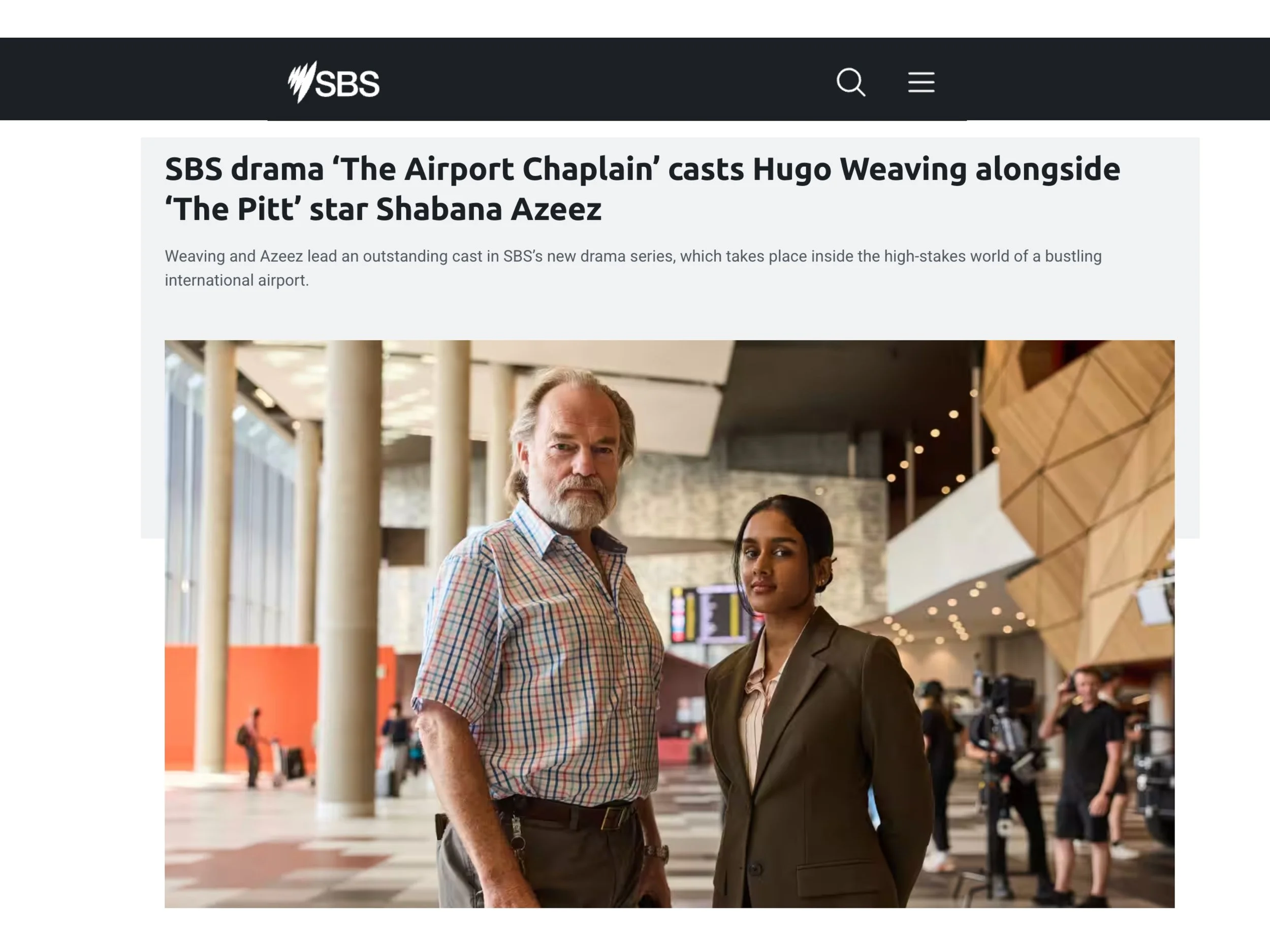 SBS Drama THE AIRPORT CHAPLAIN casts Hugo Weaving alongside 'The Pitt' star Shabana Azeez