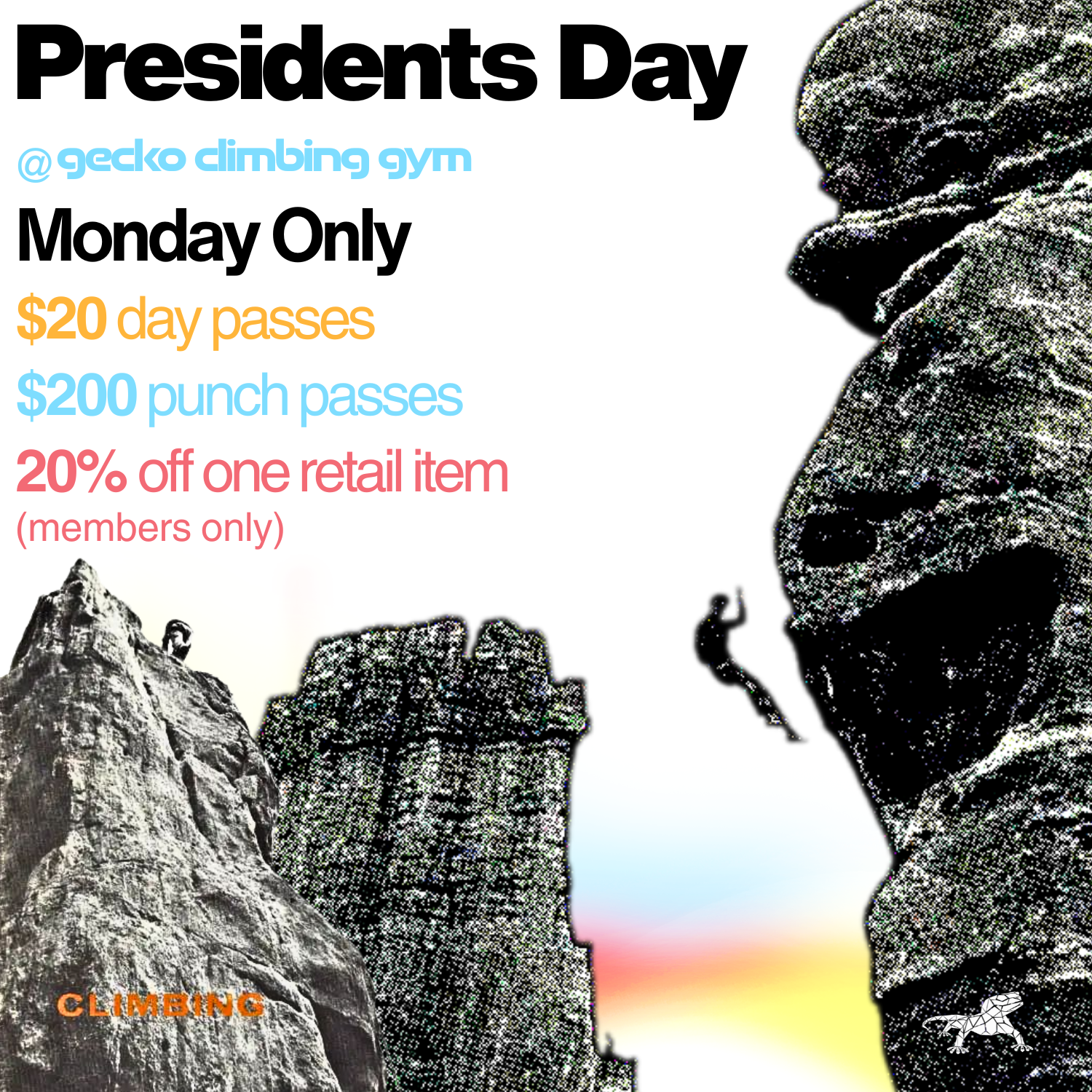 This Monday, Feb 16, from 6am - 9pm, you can enjoy your day off with climbing and snag some deals!