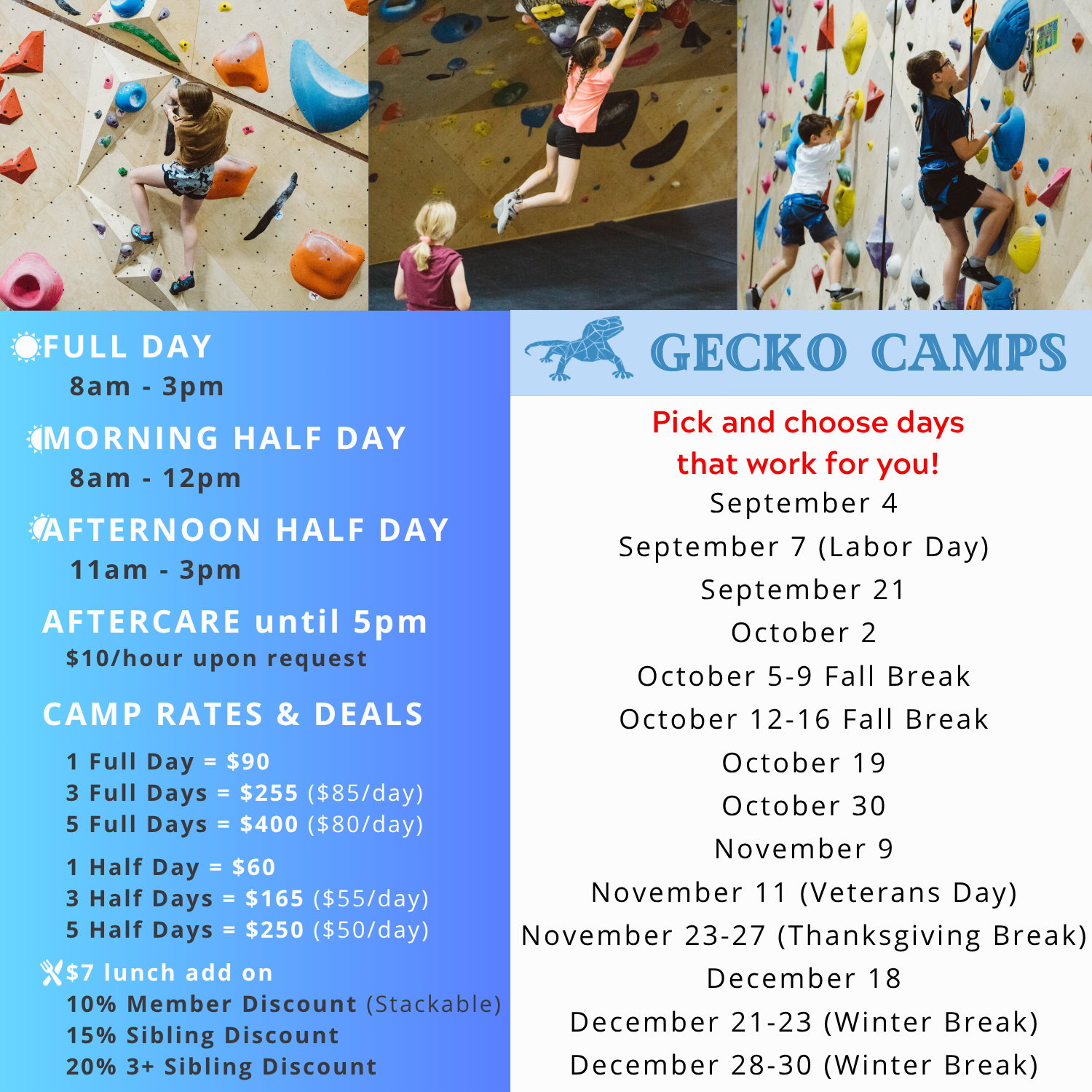 Let your kids climb our walls, not yours! (for kids ages 4-15, separated by age group)
