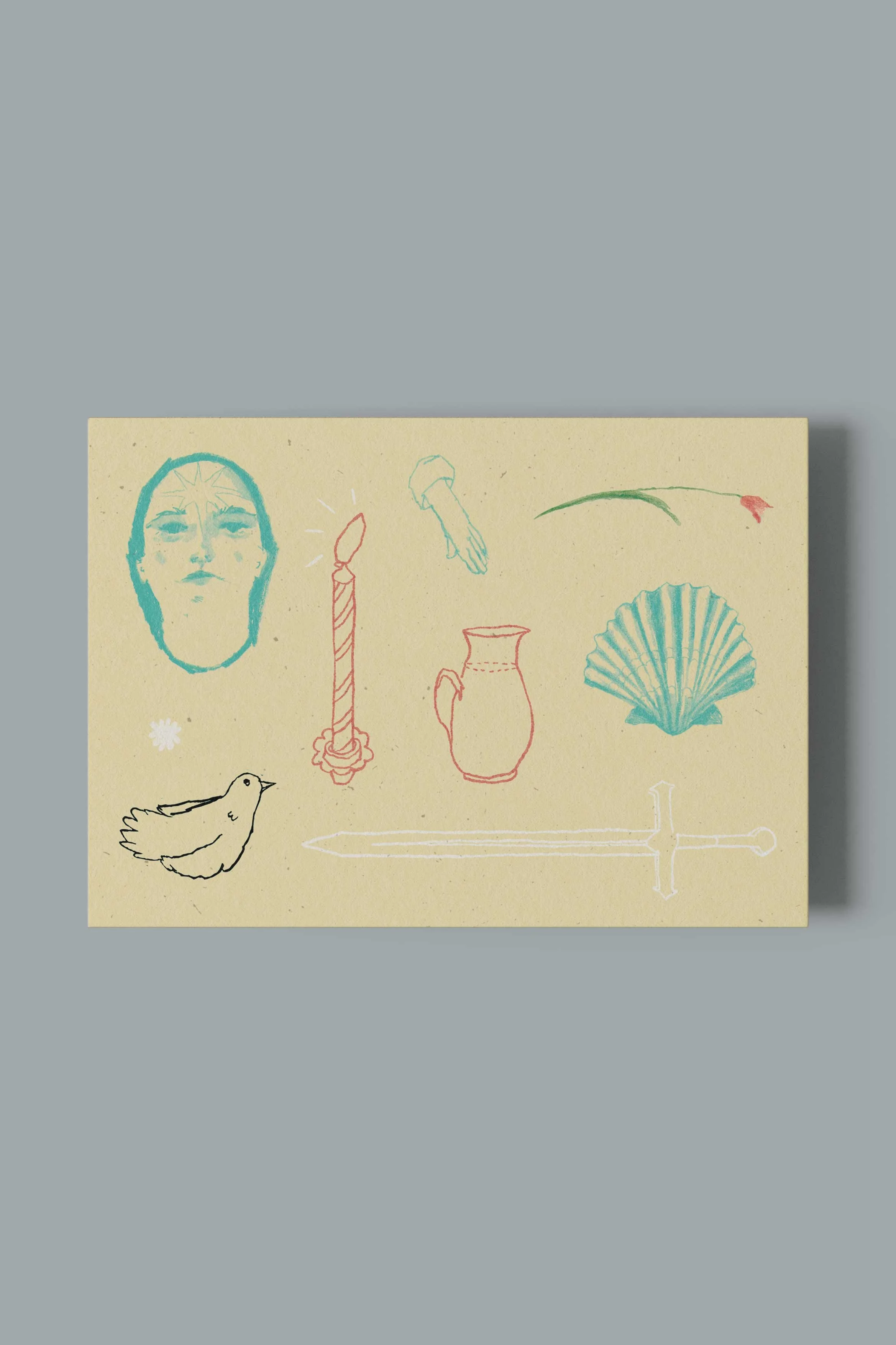 Greetings card by artist, Isobel Hill. Souvenir Card features a blue face, sword, bird, candle, jug and tulip on a cream background. Colours are orange black, cream, blue, red and green.