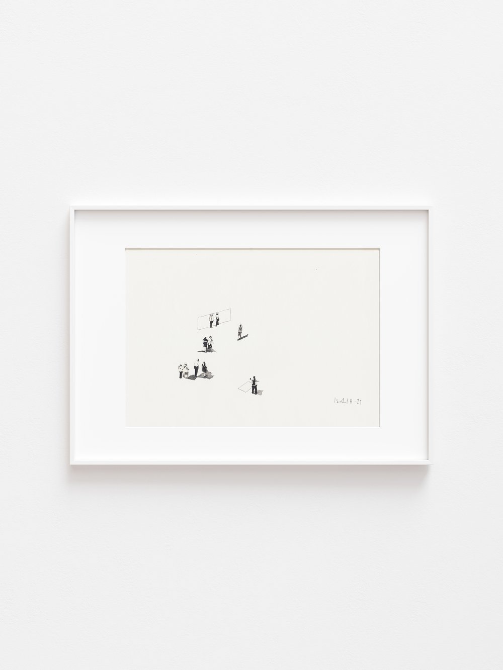 Pencil and watercolour drawing artwork by artist, Isobel Hill of a crowd on off-white paper, image in white frame mockup