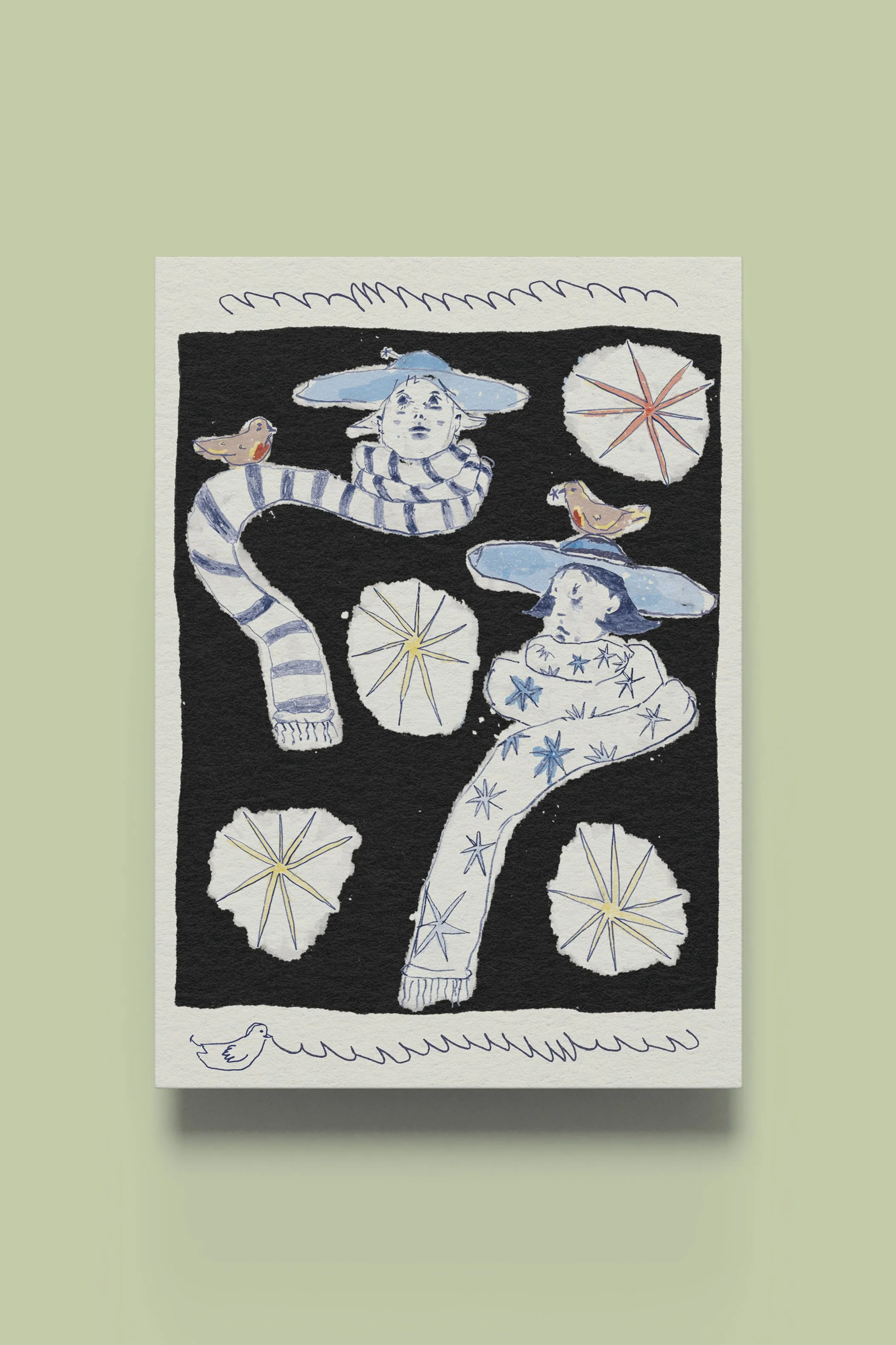 Greetings card by Isobel Hill titled 'Night-Time Frost'. Two figures in hats and scarves sit in a starry night sky with birds surrounding them.