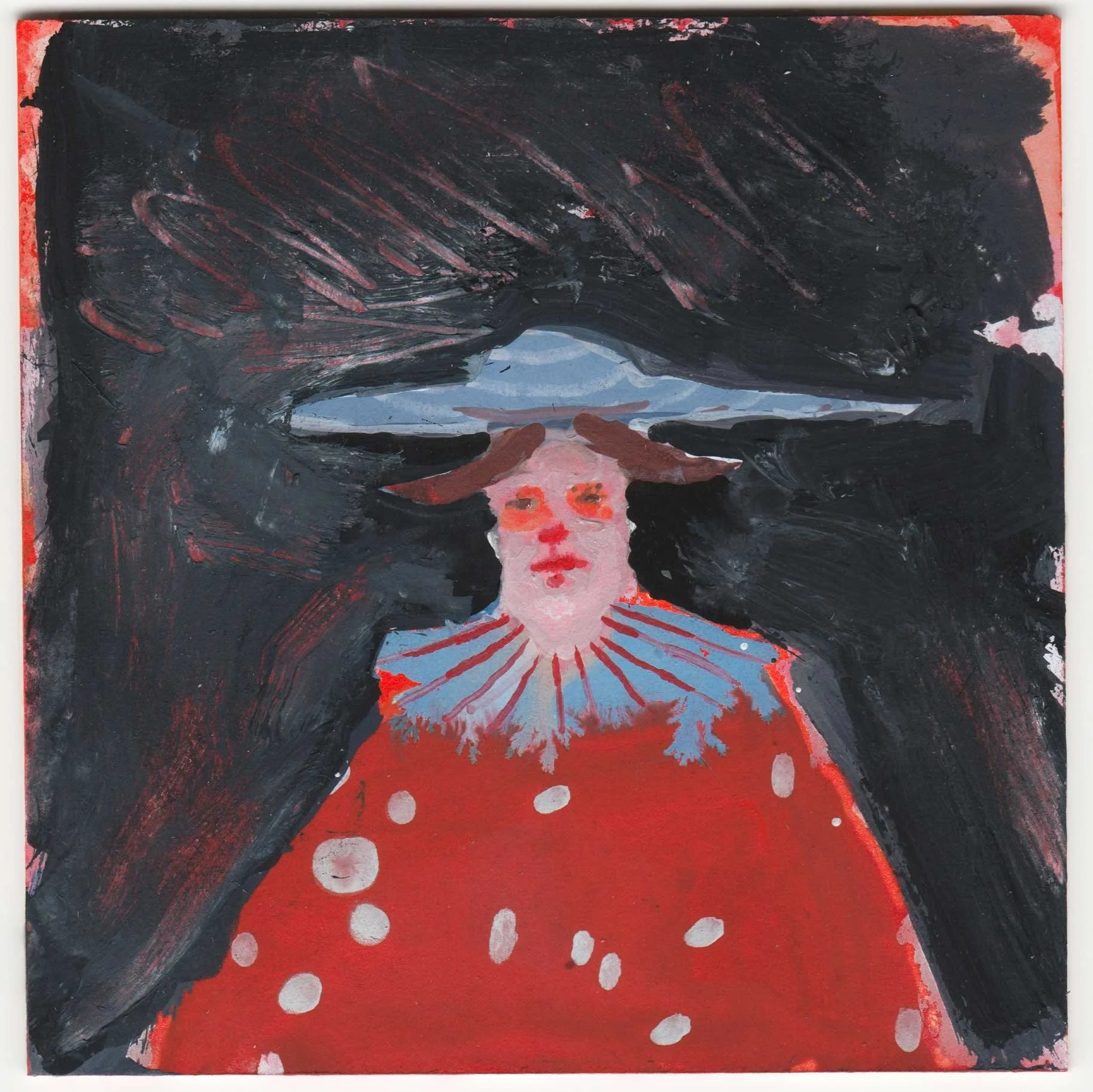 Works on paper portfolio of artist, Isobel Hill. 2026 gouache, watercolour & ink painting on board, featuring a central figure in a brimmed hat.