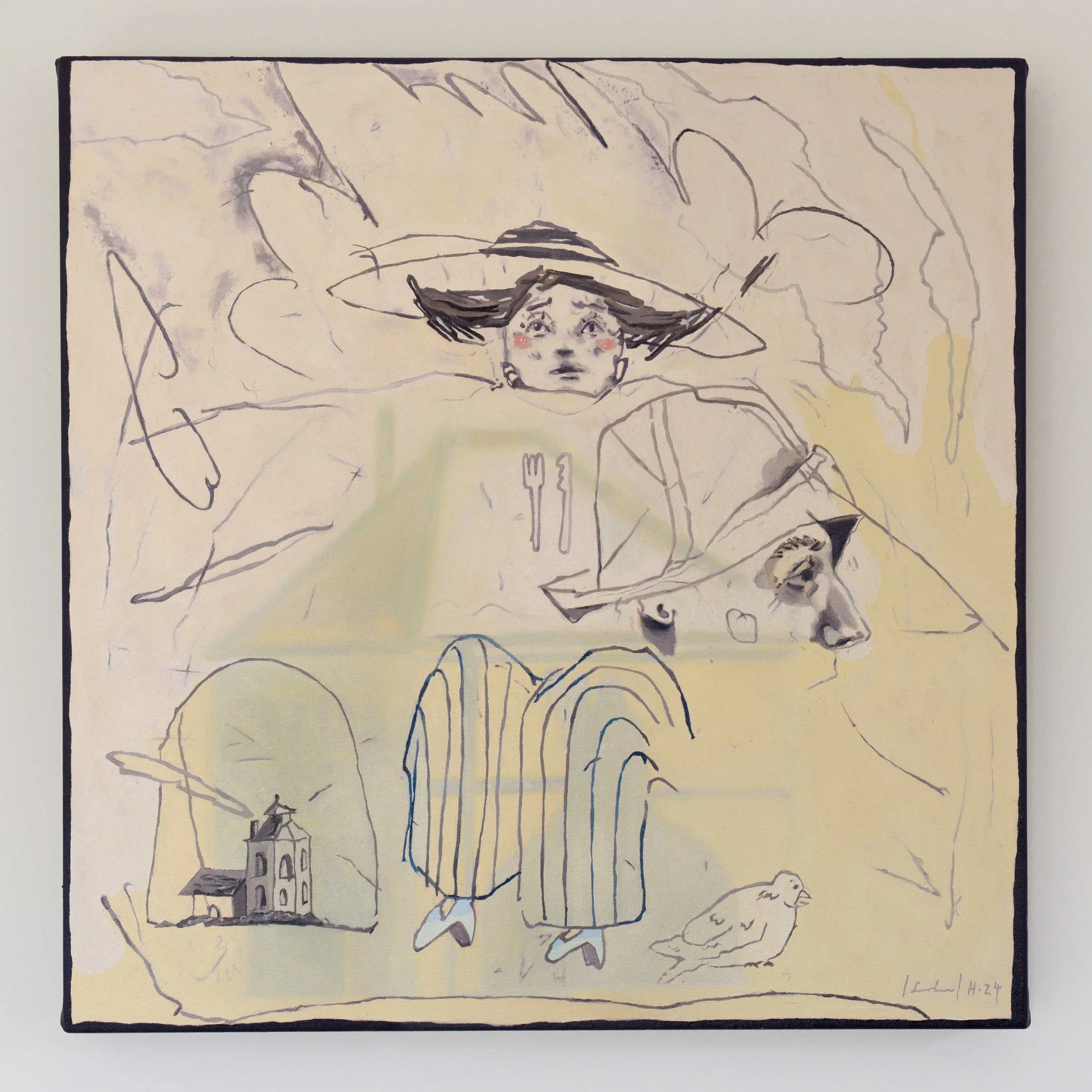 Works on canvas portfolio of artist, Isobel Hill. The 2024 oil painting titled, Jump into the shadow, features a central jumping figure in a brimmed hat, surrounded by a face, abstract line and a small folly building. 