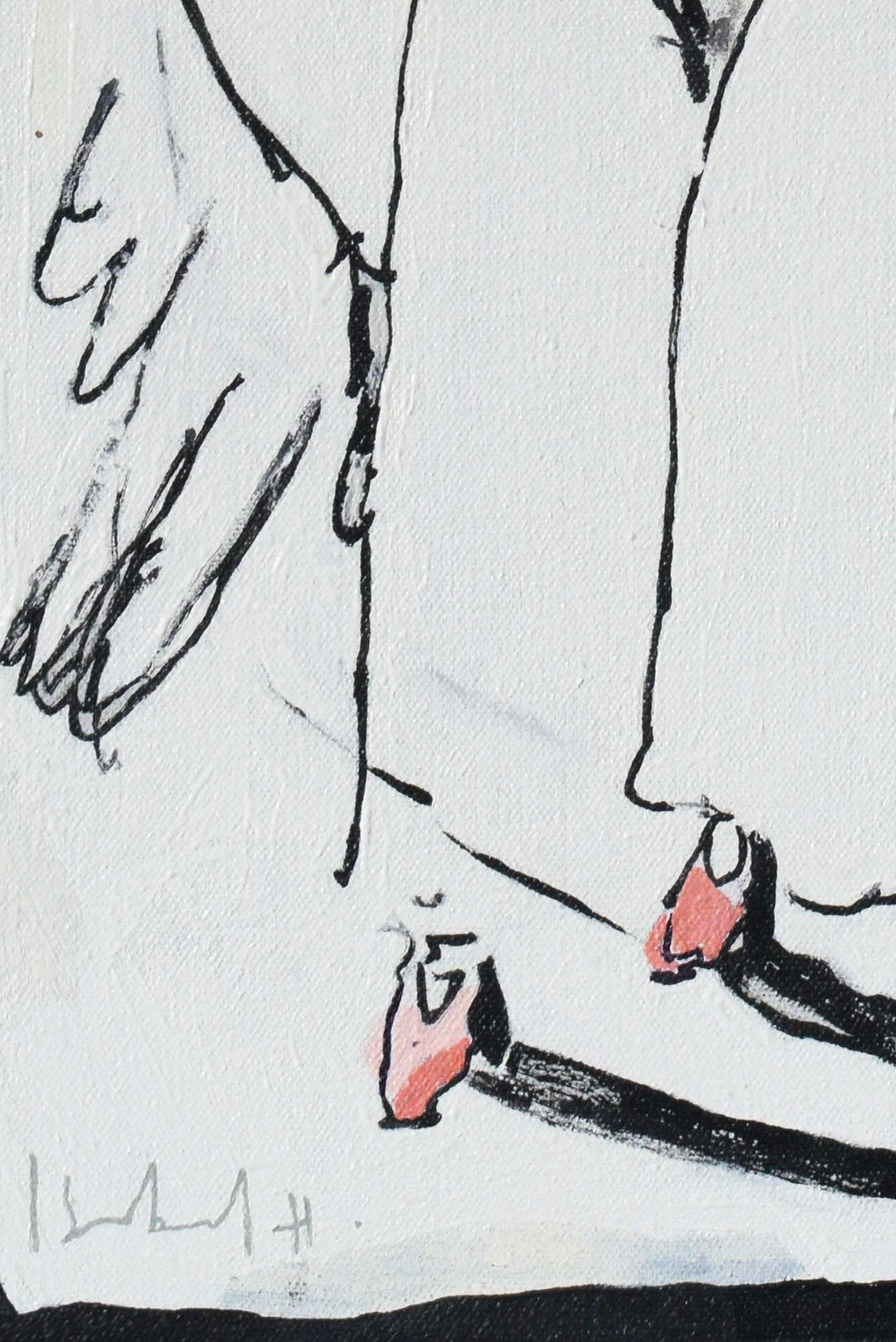 Details of original oil painting, In all weathers, in rain and snow, by artist, Isobel Hill. Figure’s legs are pulled towards their chest and they wear a pair of pink heeled shoes.