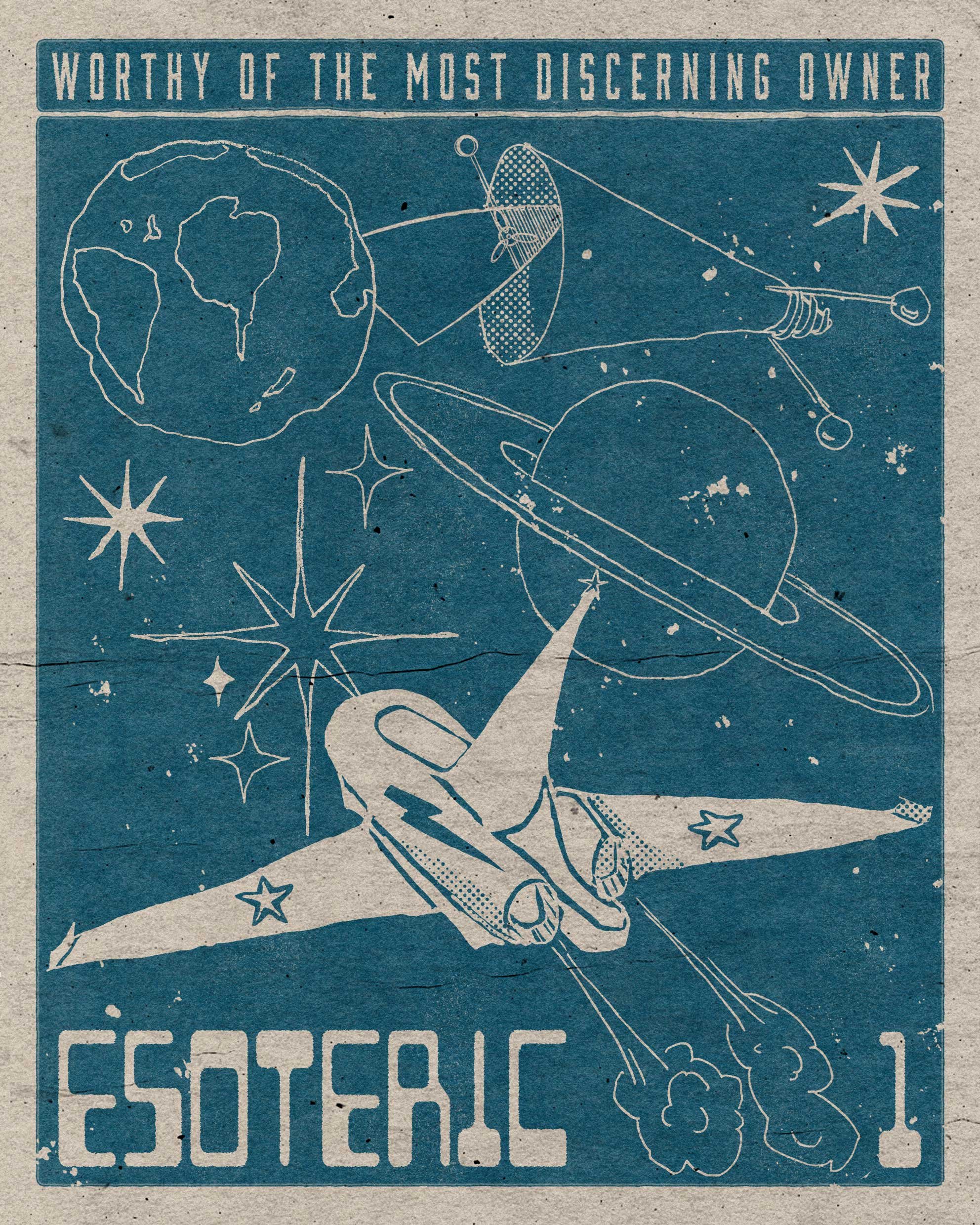 Illustrative poster by artist, Isobel Hill for designer & maker, Christopher Hill. Illustrations feature a rocket ship, planets and vintage style text in a 'space race' inspired poster design.