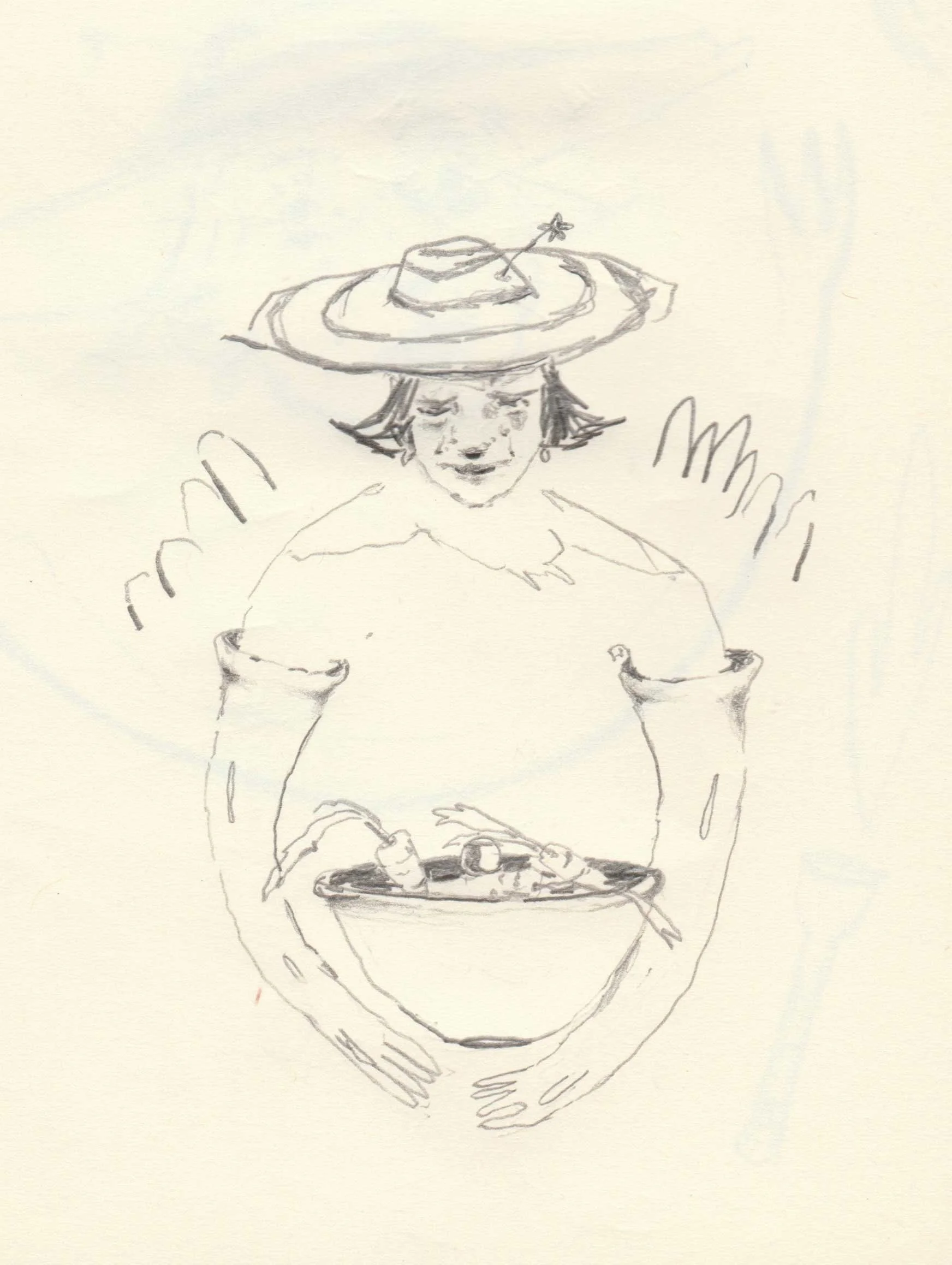 Works on paper portfolio of artist, Isobel Hill. Sketchbook drawing of a person wearing a brimmed hat looking down at a bowl of carrots.