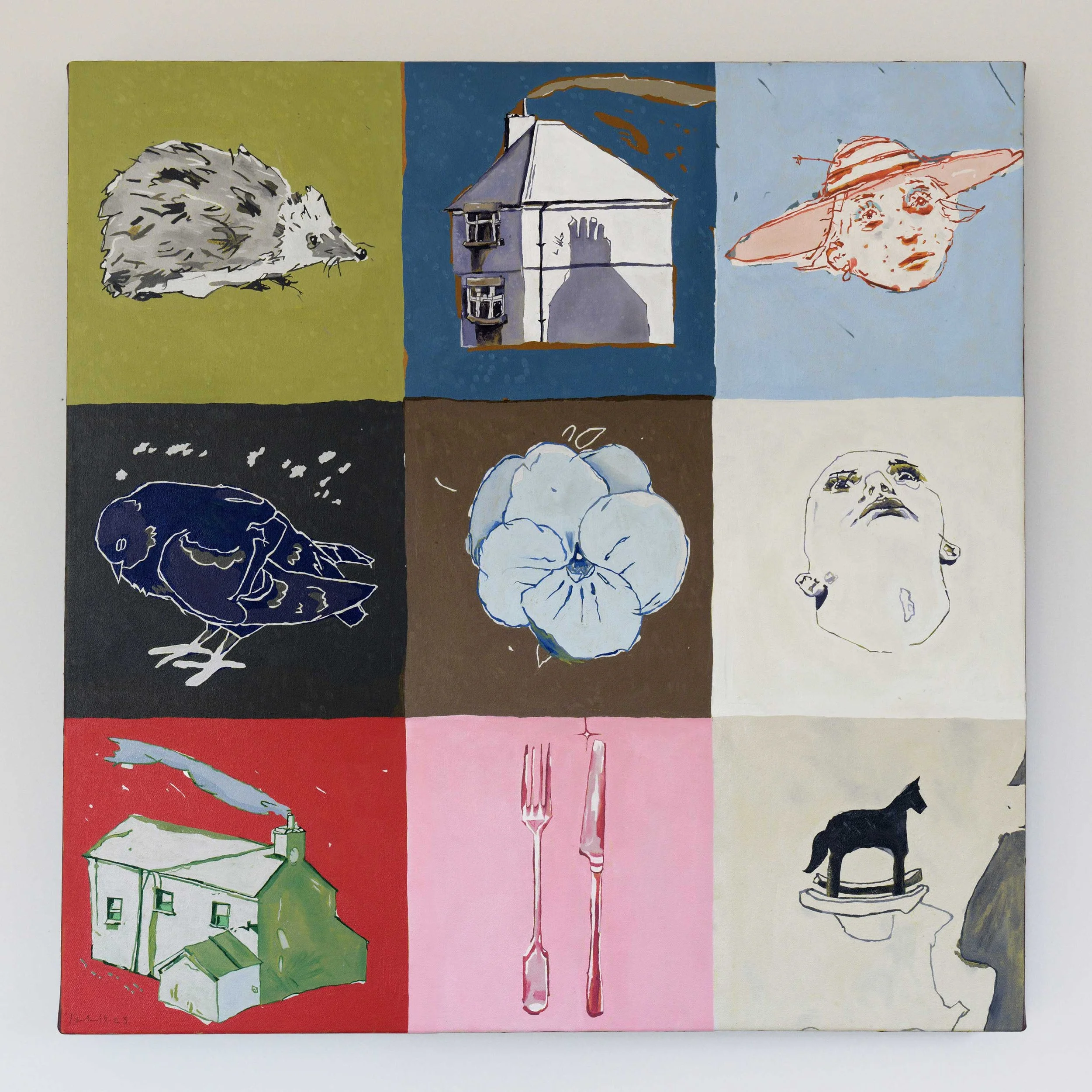 Works on canvas portfolio of artist, Isobel Hill. 2025 oil painting titled, side by side in rest. Grid painting features small buildings, a horse, hedgehog, figures, cutlery, a pansy and a pigeon.