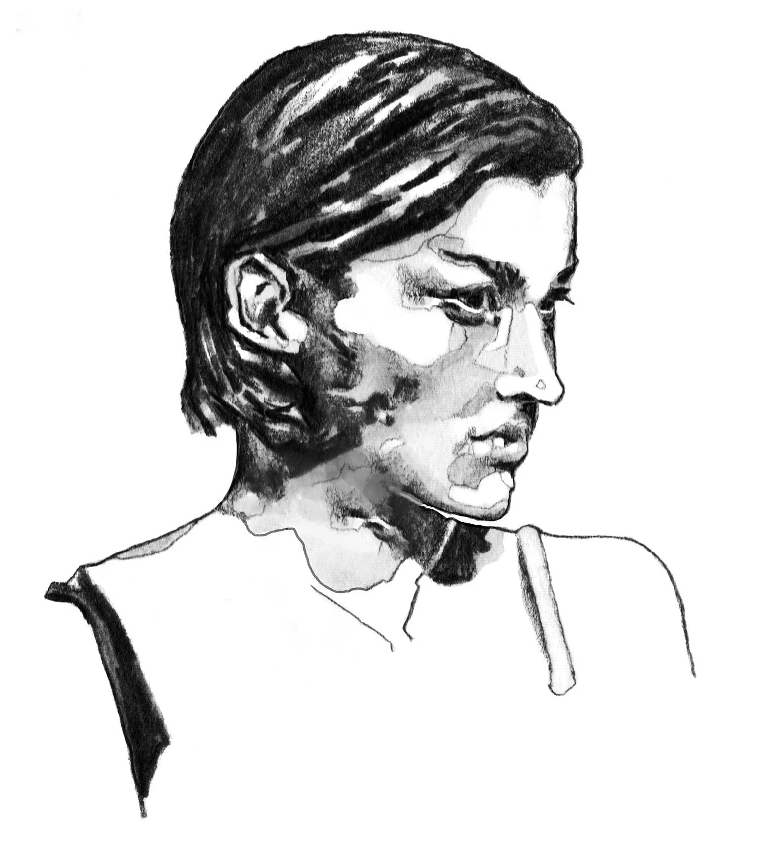 Pencil and watercolour drawing of Diane by Isobel Hill for SCRT SS22 Trainspotting collection