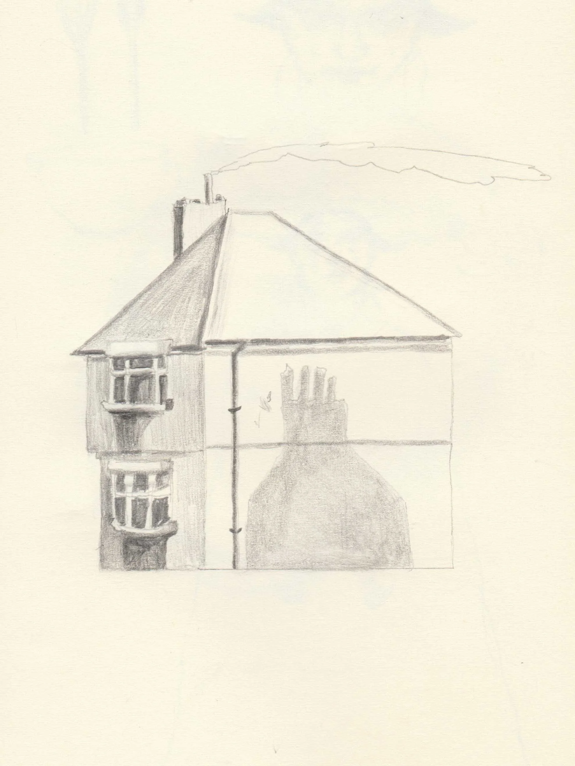 Works on paper portfolio of artist, Isobel Hill. Sketchbook drawing of a house with a large shadow up its wall.