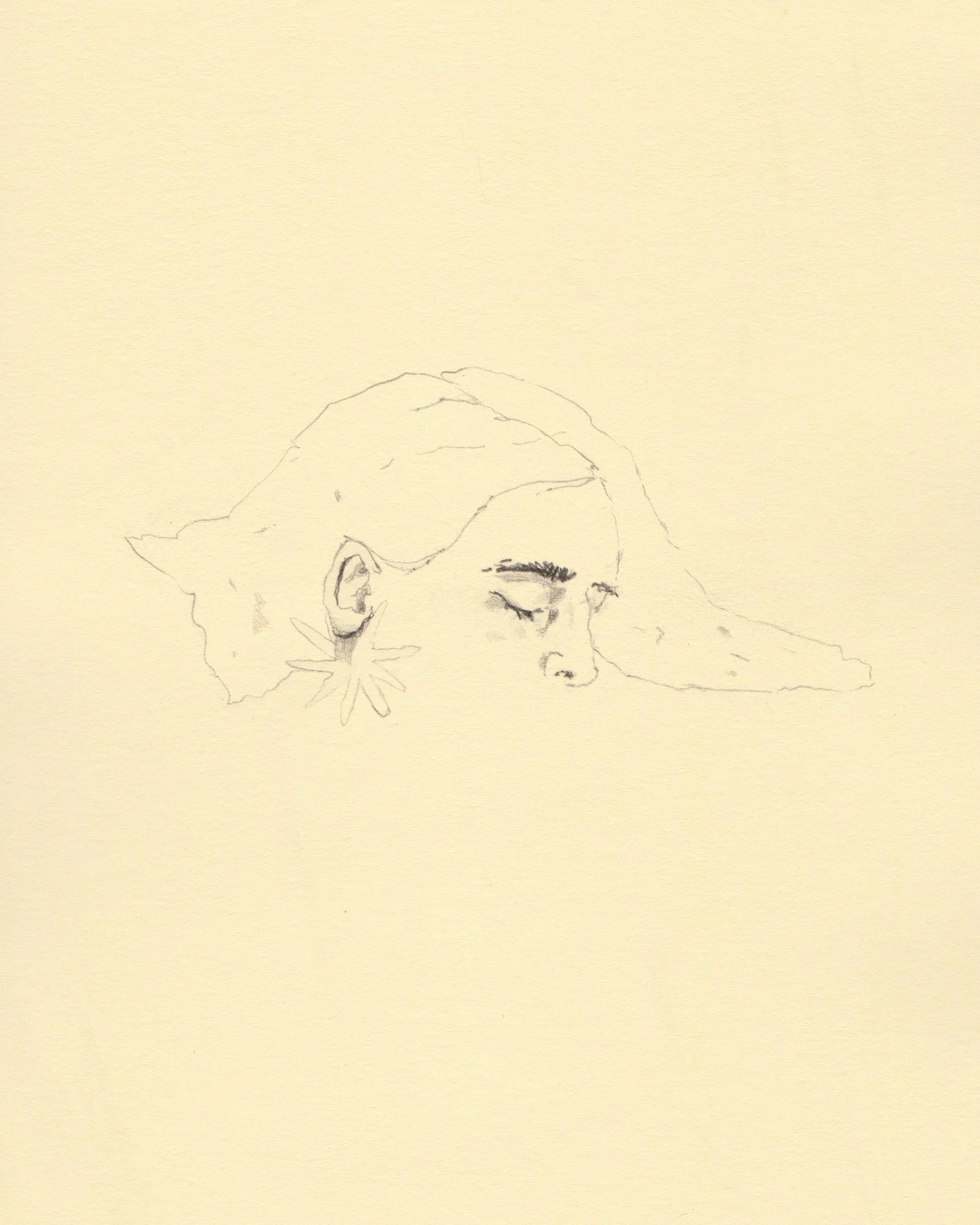 Sketchbook pencil drawing on off-white paper by artist, Isobel Hill. Head seemingly rests upon a pillow asleep.