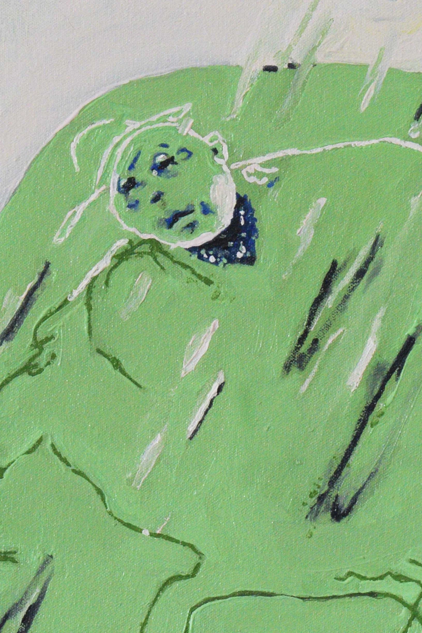 Details of original oil painting by artist, Isobel Hill. Face is painted in soft pink and figure wears a brimmed hat as painted blustering rain surrounds them.