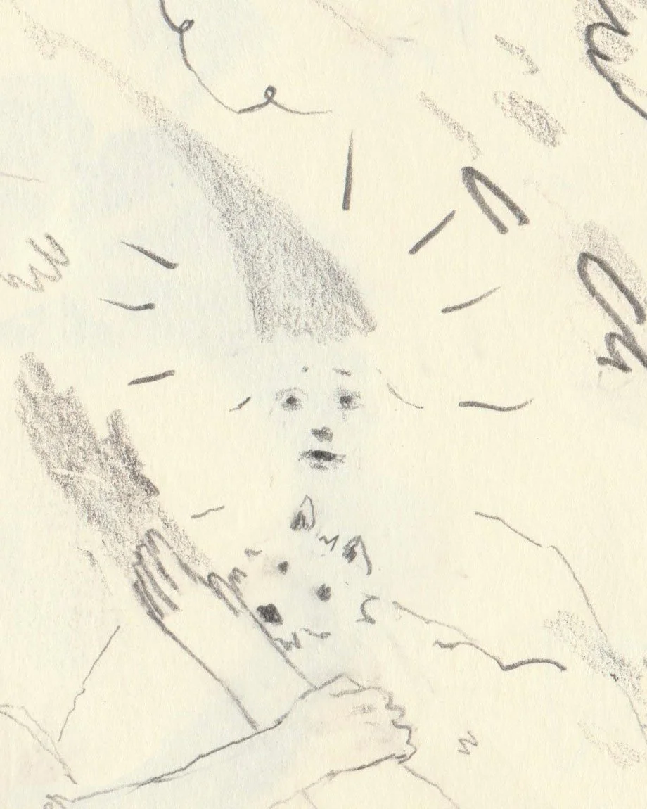 Sketchbook pencil drawing on off-white paper by artist, Isobel Hill. Person in pointed hat looks concerned as they hold a small Westie dog.