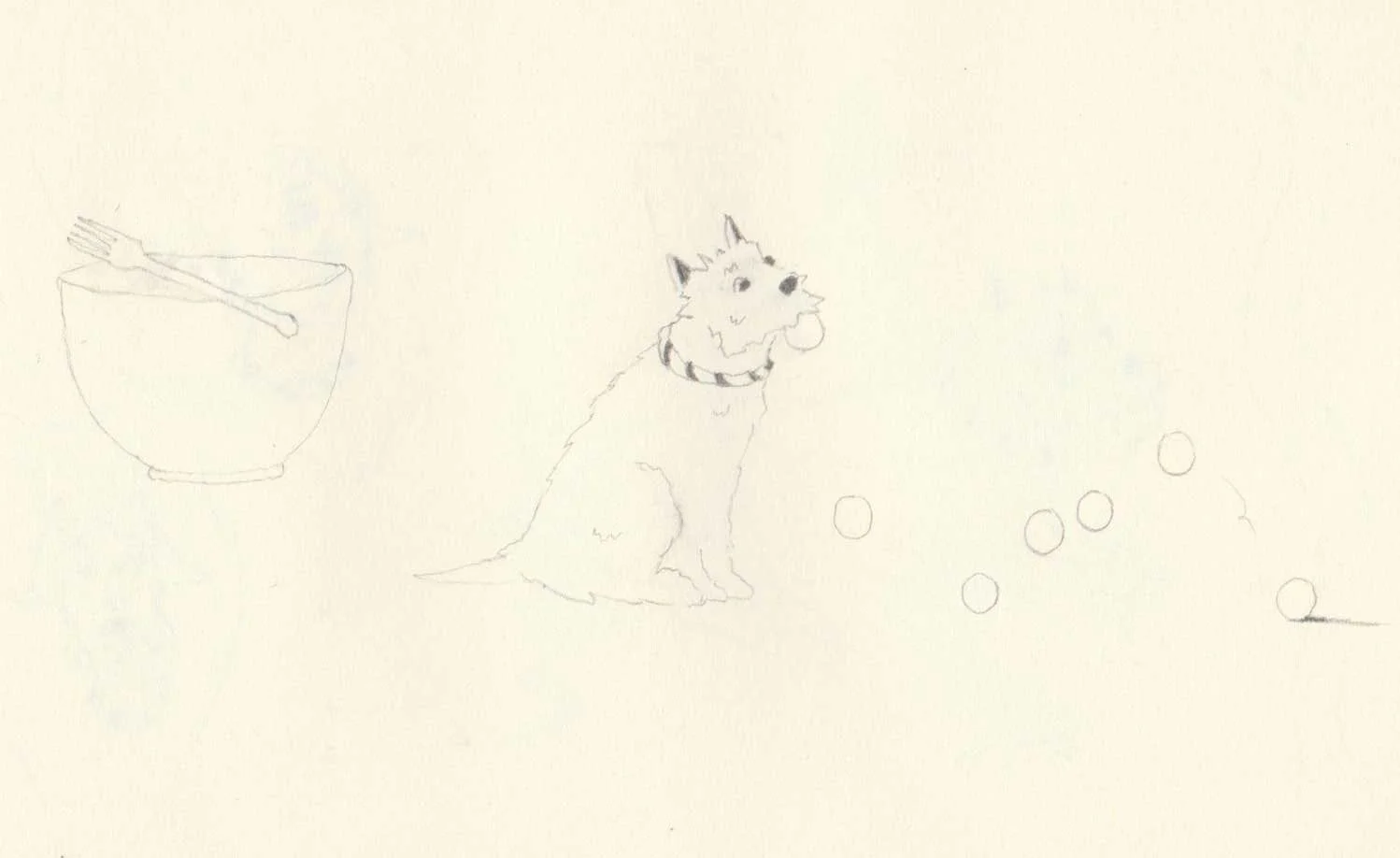 Works on paper portfolio of artist, Isobel Hill. Sketchbook drawing of a Westie sitting, whilst holding a ball, which drops to the ground and bounces.