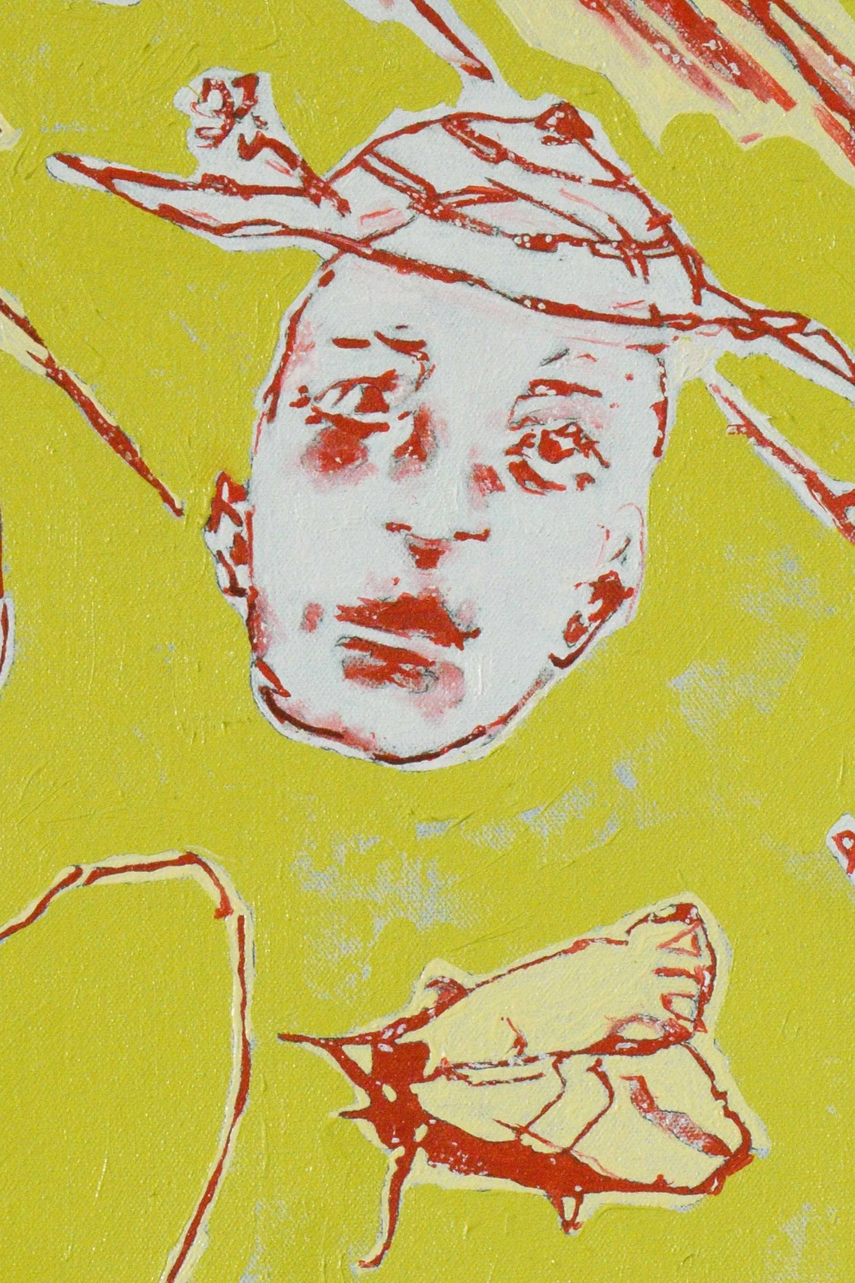 Details of original oil painting, A green moth came to tea, by artist, Isobel Hill. Person wears a red brimmed hat and looks out towards the viewer.