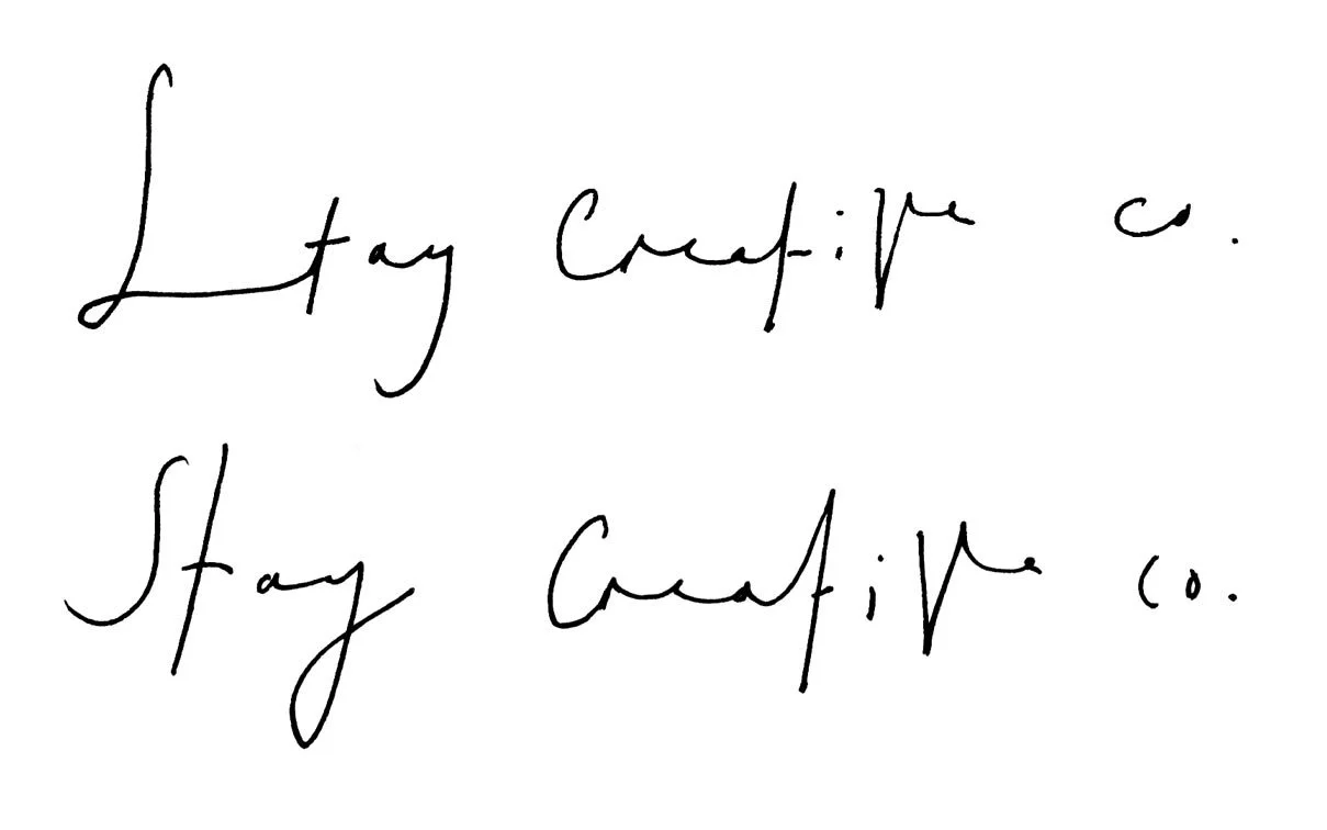 Isobel Hill handwriting reads ‘stay creative co, stay creative co’ created for SCRT Trainspotting SS22 collection