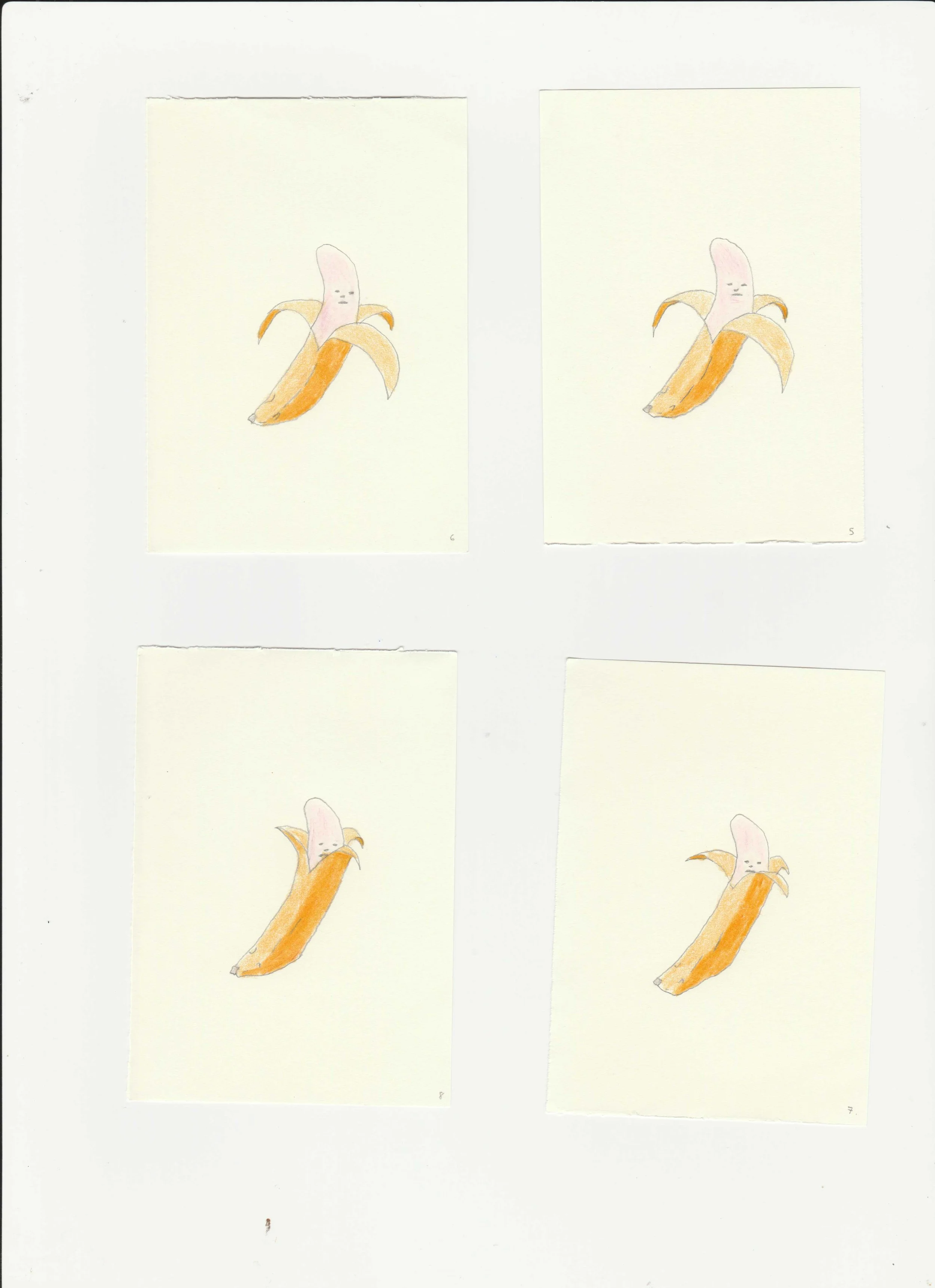Banana animation frames by artist, Isobel Hill. Animation is drawn in pencil and the banana peels and un-peels itself.