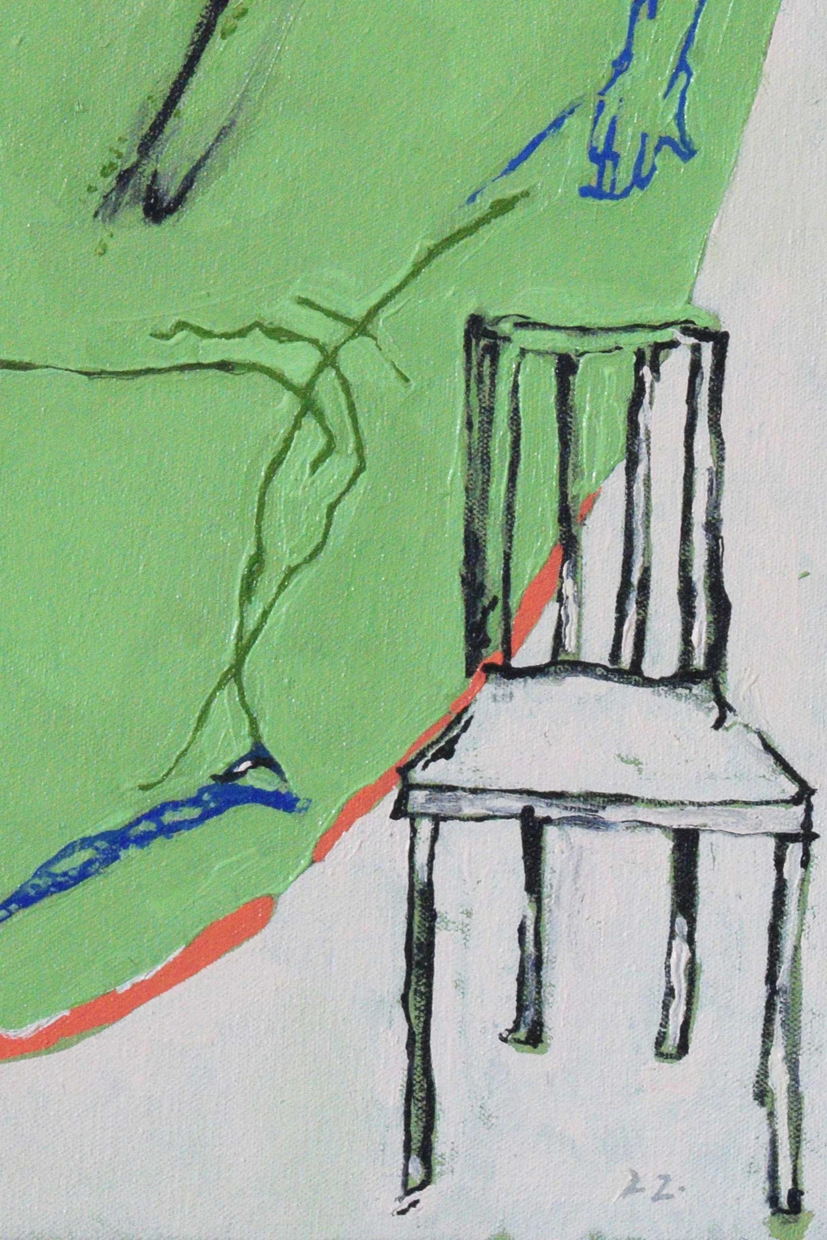 Details of original oil painting, The harvest of the carrots, by artist, Isobel Hill. Black chair sits beside figure’s small heeled black shoe.