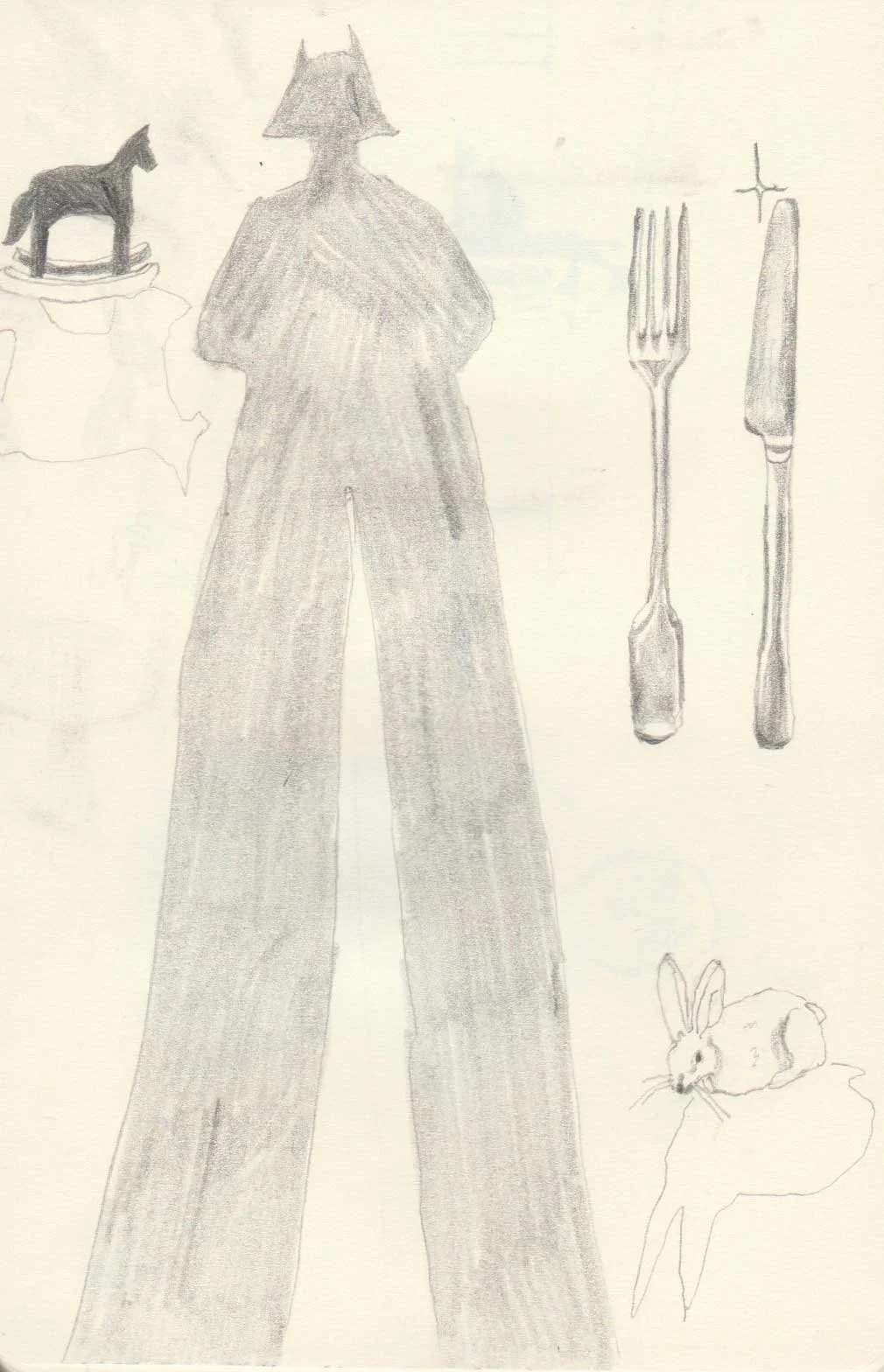 Works on paper portfolio of artist, Isobel Hill. Sketchbook drawing of a long figurative shadow, cutlery, a hare and a small wooden horse figurine.