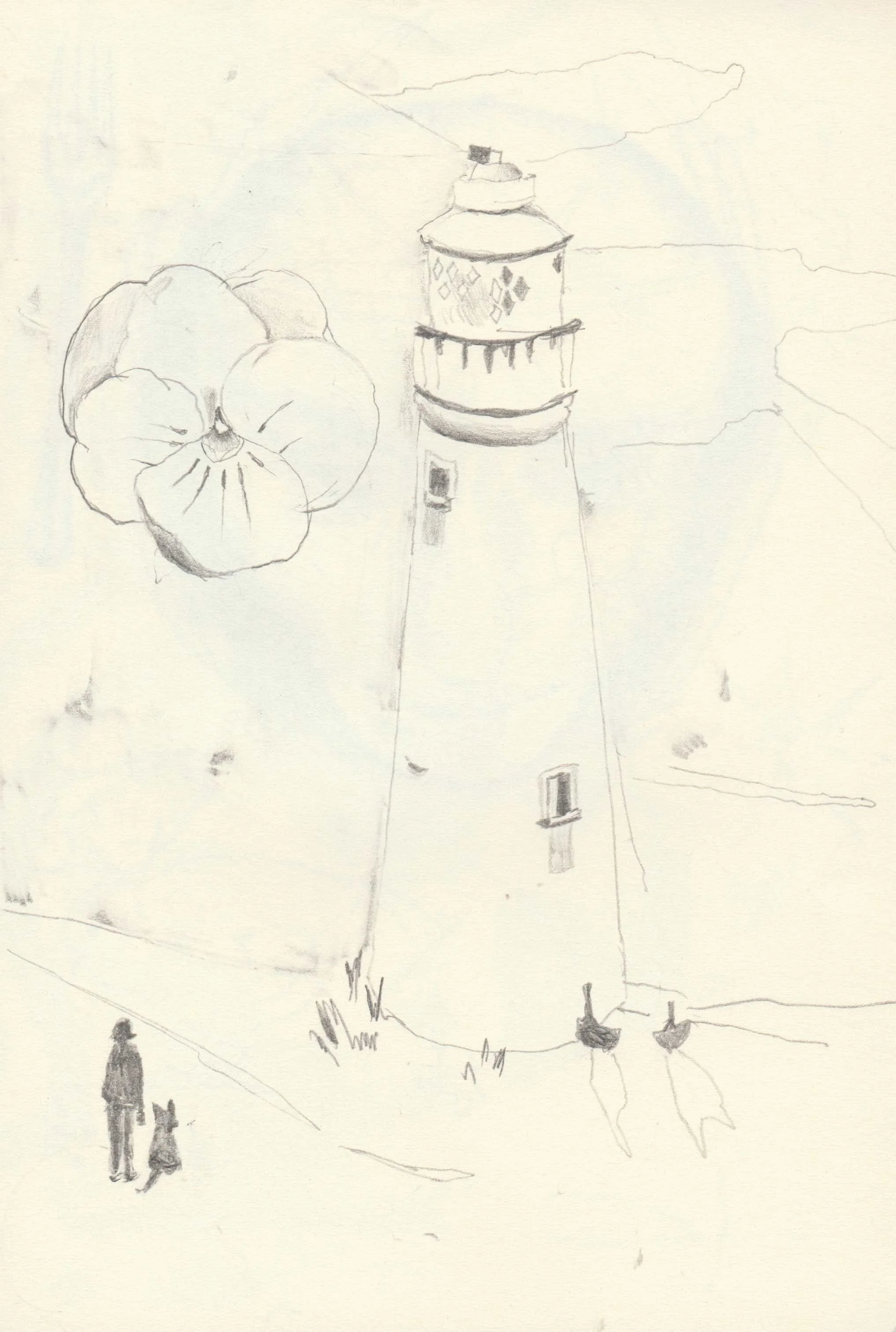 Works on paper portfolio of artist, Isobel Hill. Sketchbook drawing of a figure and dog stood in front of a lighthouse. 