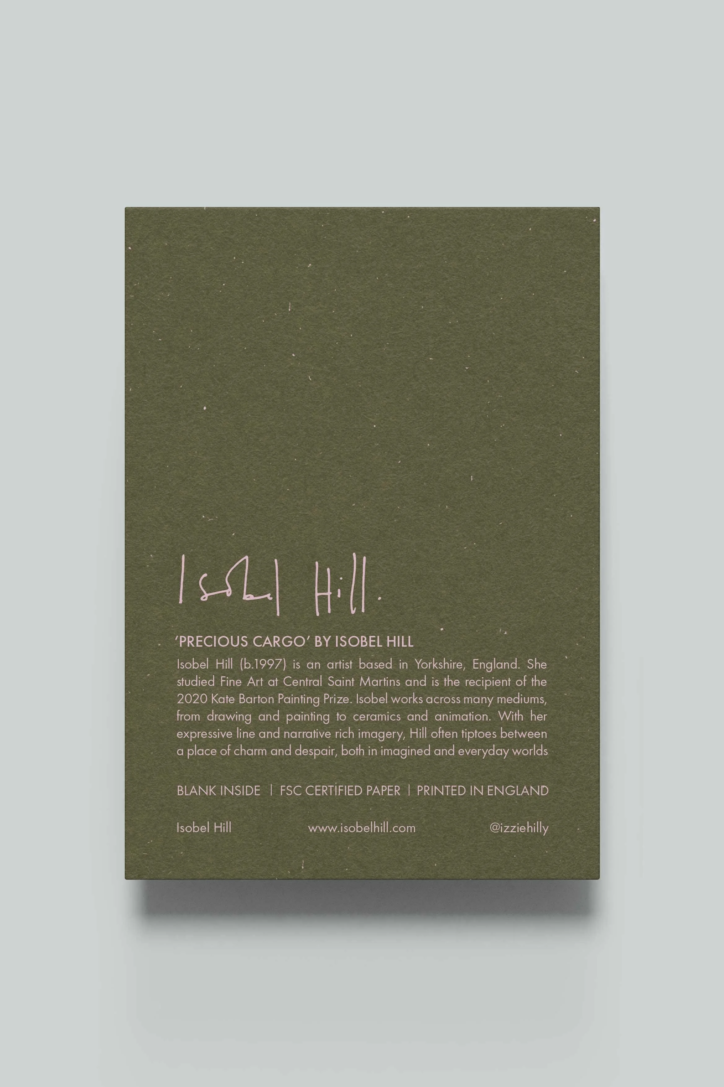 Reverse of Precious Cargo greetings card by artist, Isobel Hill. Hill's bio is listed below the title of the card.