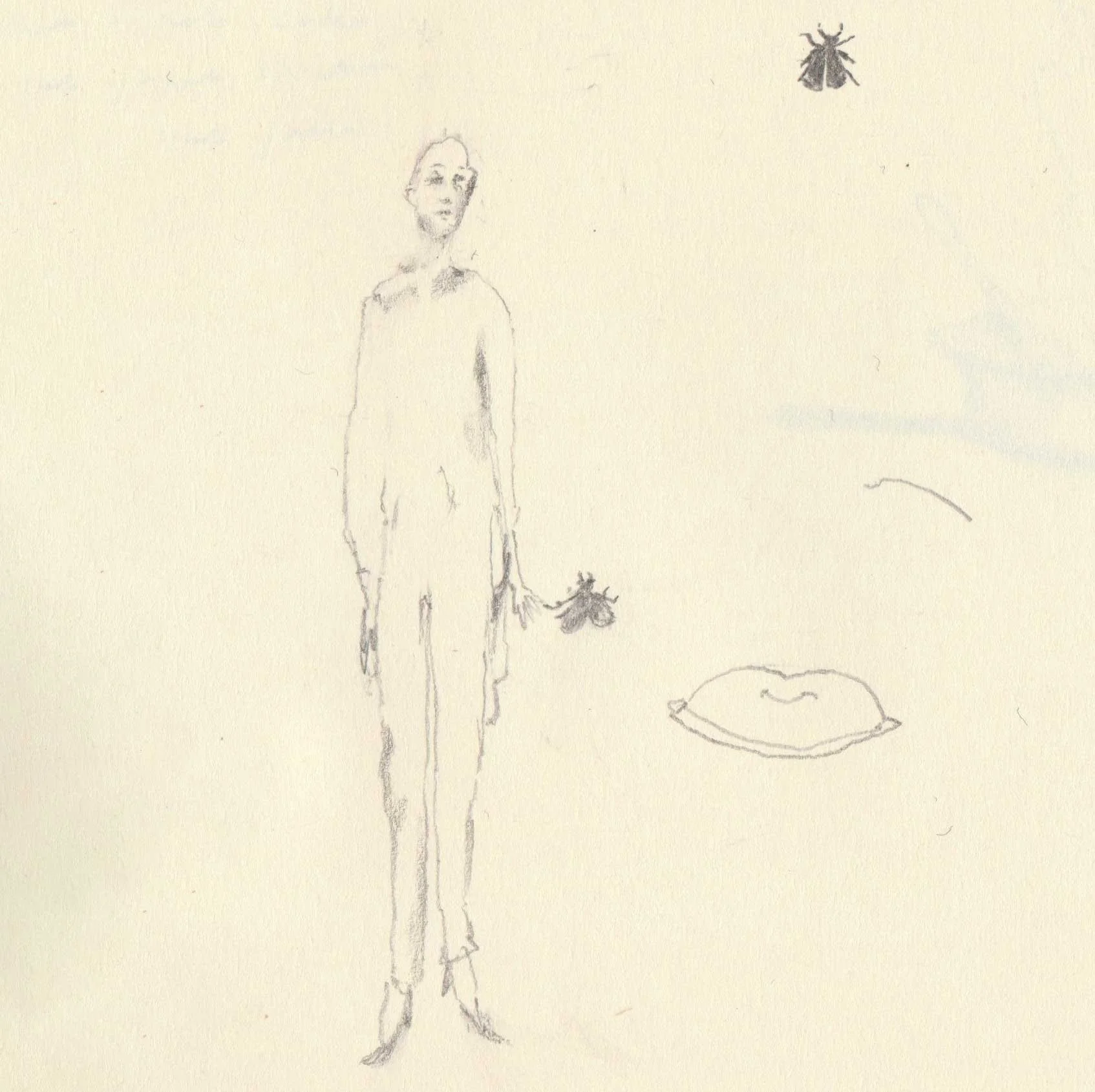 Drawing by artist, Isobel Hill of a person in little heeled shoes standing next to a small moth.