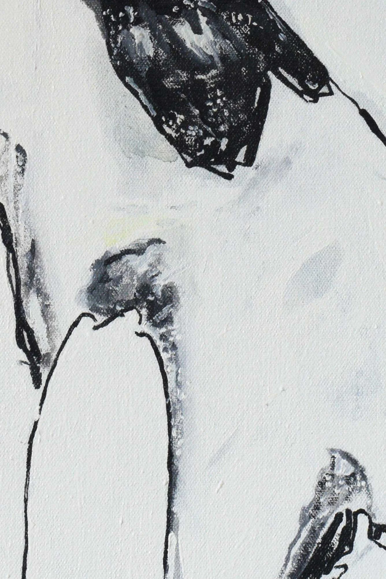 Details of original oil painting, In all weathers, in rain and snow, by artist, Isobel Hill. Details of figure’s neck and chest in expressive painters strokes in black, cream and acid yellow.