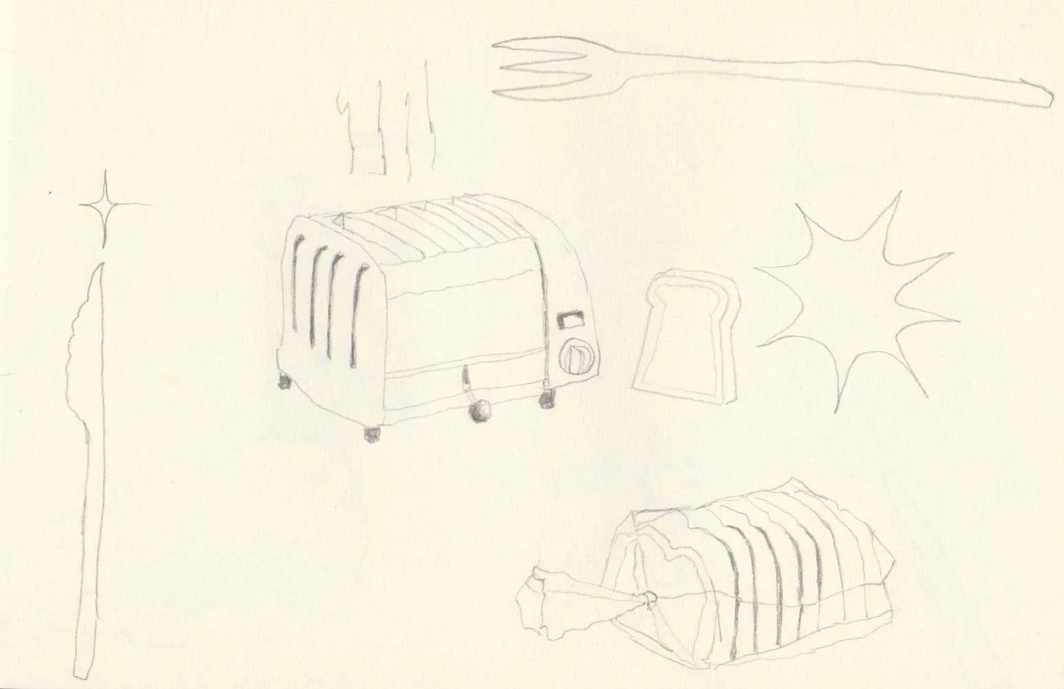 Works on paper portfolio of artist, Isobel Hill. Sketchbook drawing of a toaster, bread and a fork.