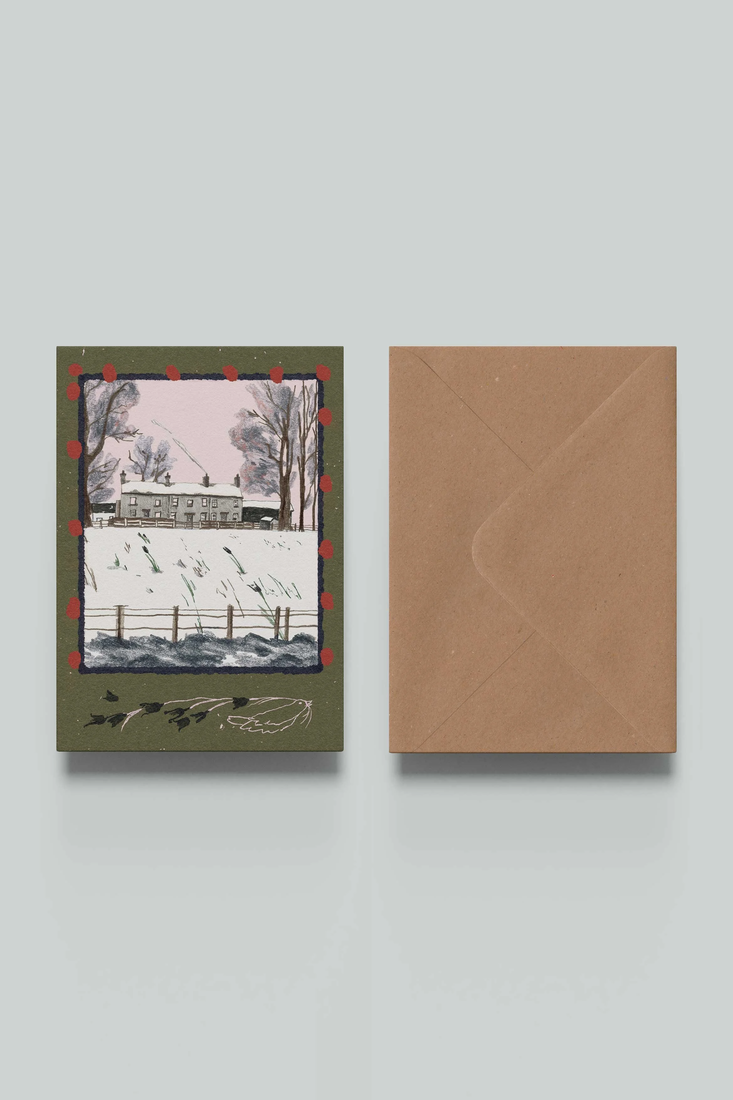 Greetings card with kraft envelope by artist, Isobel. Terraced houses sit infront of a pink sky, whilst a pink bird flies with a bunch of black tulips. Colours are pink, olive, red, black and navy.