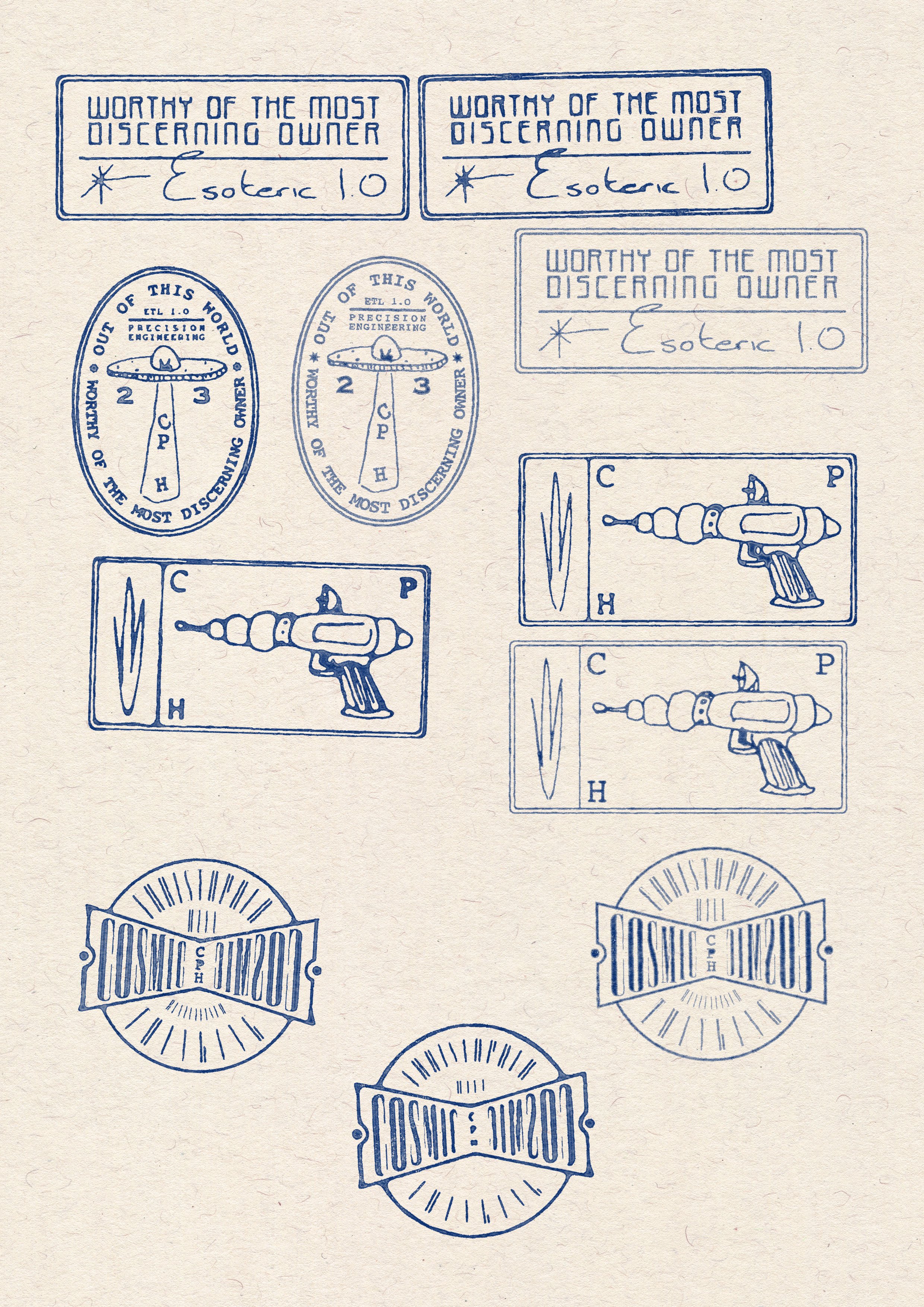Illustrative stamps by artist, Isobel Hill for designer & maker, Christopher Hill. Illustrations feature ufo's and a space race inspired laser gun.