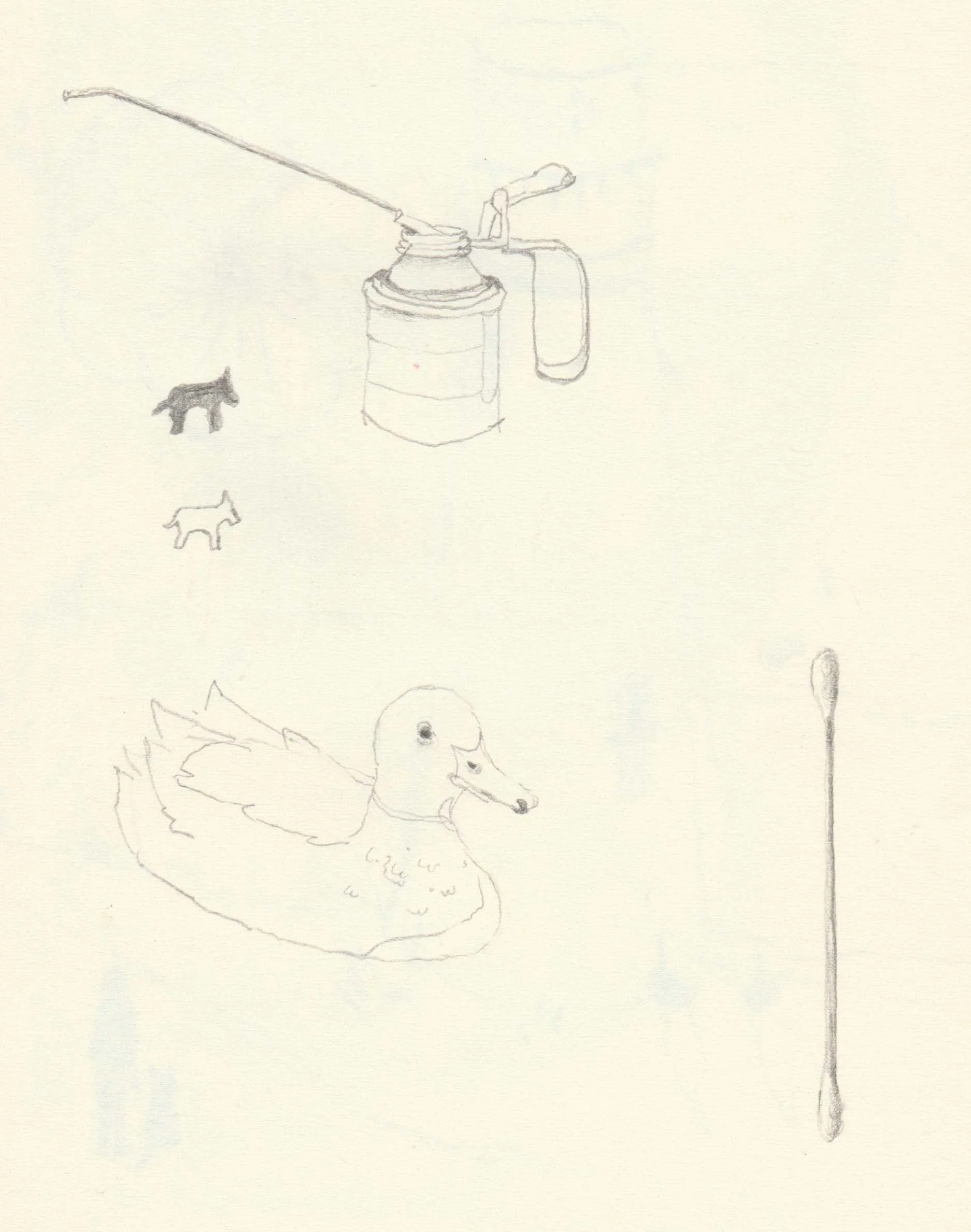 Works on paper portfolio of artist, Isobel Hill. Sketchbook drawing of a duck, cotton bud, oil can and small doggie silhouettes.