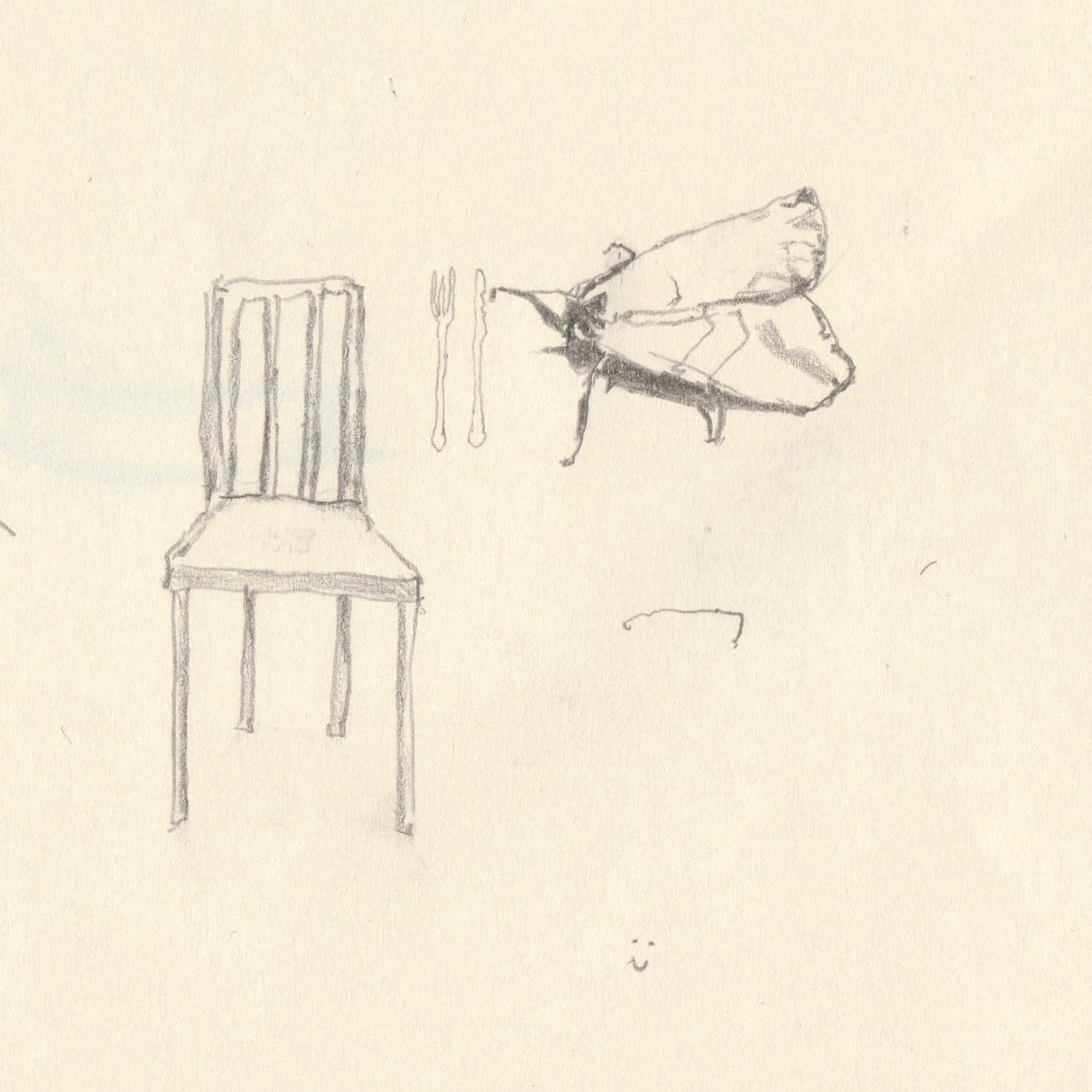 Drawing by artist, Isobel Hill of a small moth with cutlery sat beside a chair.