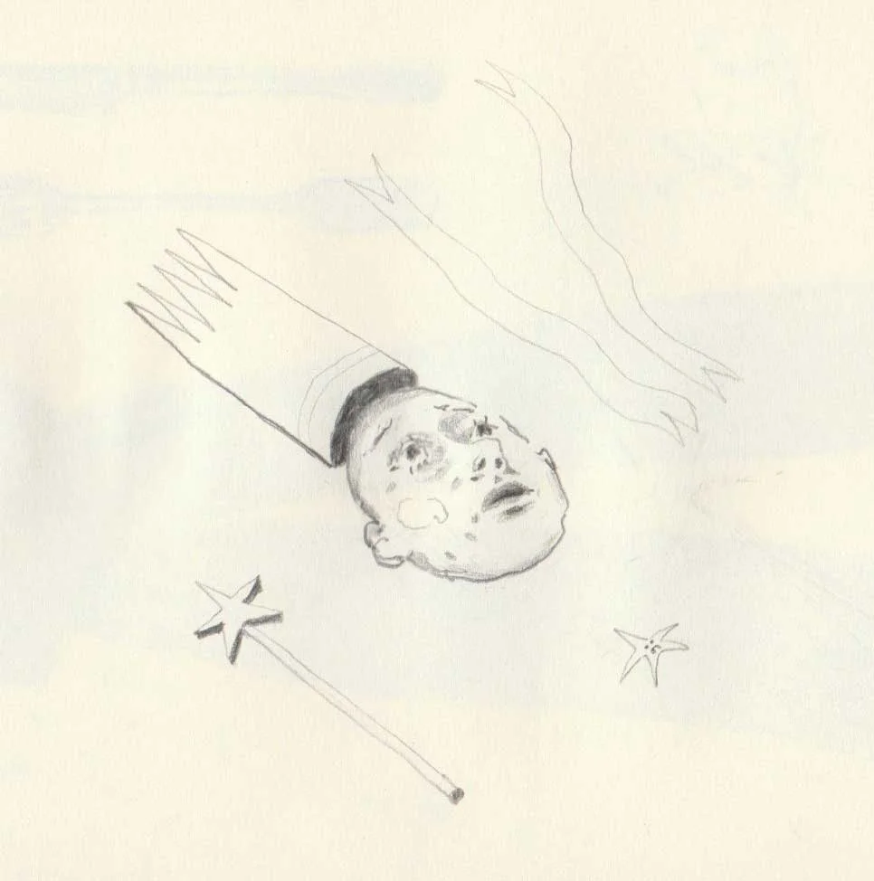 Works on paper portfolio of artist, Isobel Hill. Sketchbook drawing of a person looking upwards, wearing a pointed crown. Beside the face a star wand, ribbons and a sad star on their chest.