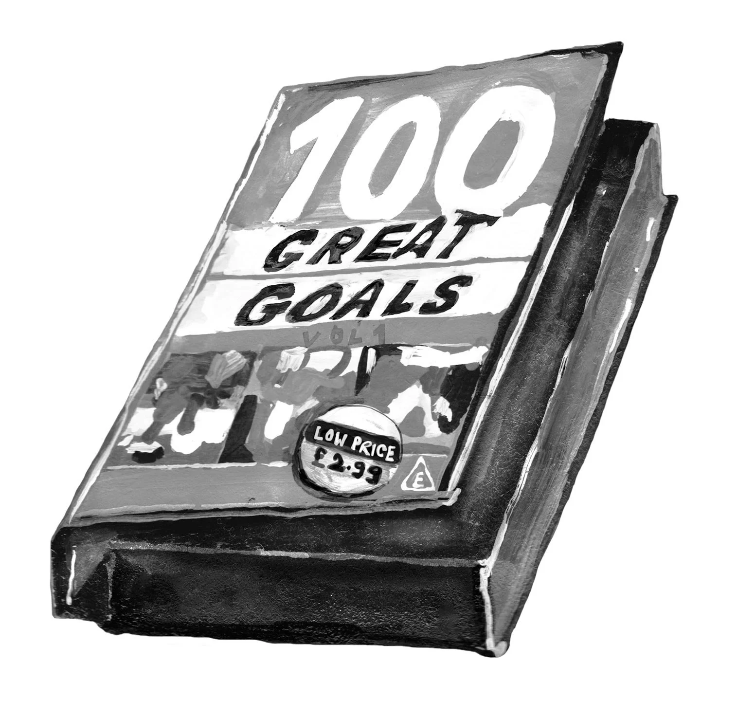 Gouache painting of VHS tape box, which reads ‘100 great goals’ for SCRT Trainspotting SS22 collaboration with artist Isobel Hill