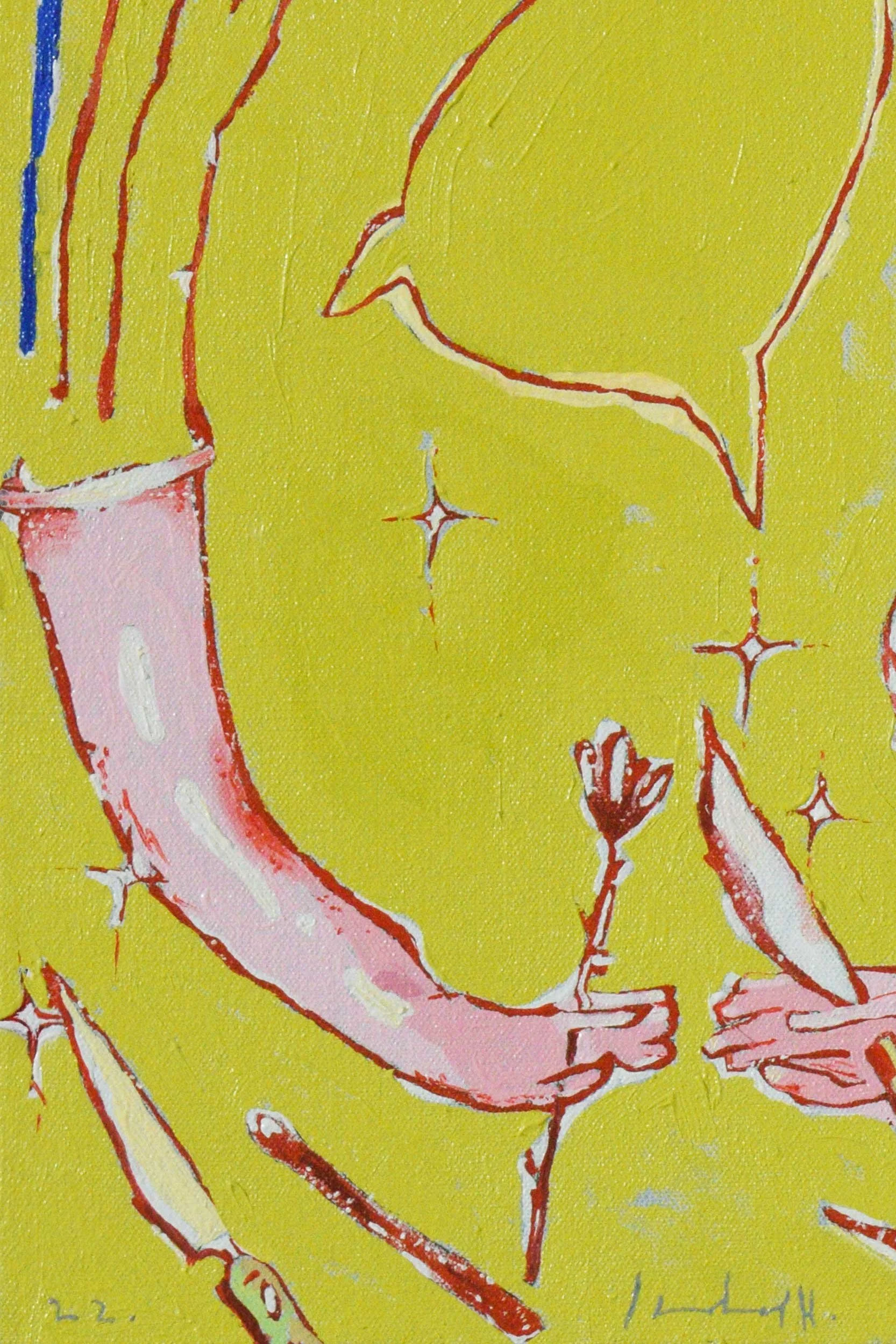 Details of original oil painting, A green moth came to tea, by artist, Isobel Hill. Pink glove holds a flower and a knife, which are surrounded by glittering stars.